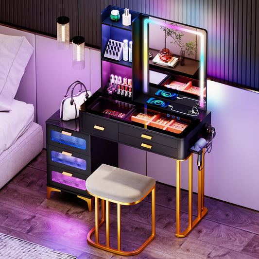 FREDEES Makeup Vanity Desk With Mirror Lights: Vanity Table With Wireless Charging Station Mobile Dressing Table With Glass Top Design & Hair Dryer Holder Girls Vanity Gift For Bedroom