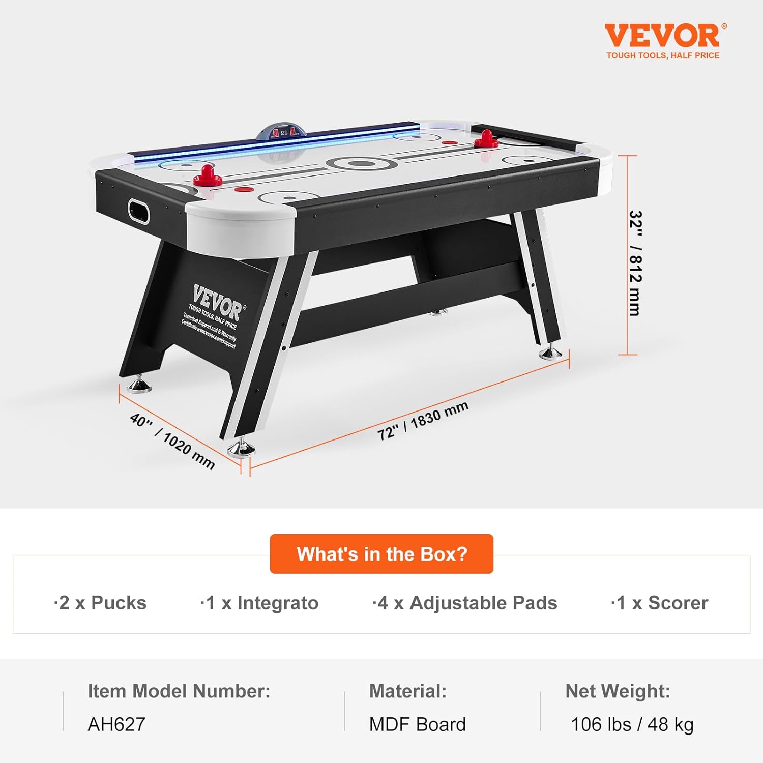 VEVOR Air Hockey Table, 72" Indoor Hockey Table for Kids and Adults, LED Sports Hockey Game with 2 Pucks, 2 Pushers, and Electronic Score System, Arcade Gaming Set for Game Room Family Home