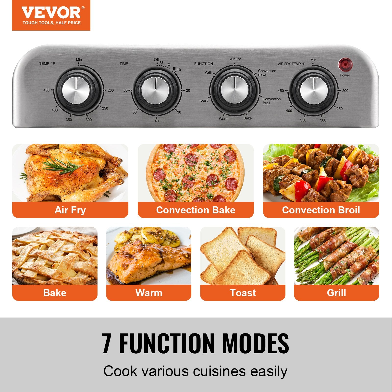 VEVOR 7-IN-1 Air Fryer Toaster Oven, 18L Convection Oven, 1700W Stainless Steel Toaster Ovens Countertop Combo with Grill, Pizza Pan, Gloves, 6 Slices Toast, 10-inch Pizza, Home and Commercial Use  | VEVOR US