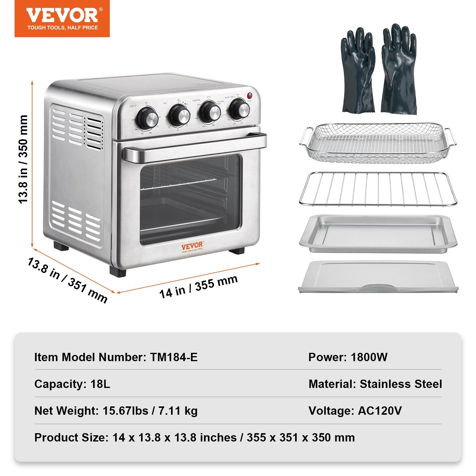 VEVOR 7-IN-1 Air Fryer Toaster Oven, 18L Convection Oven, 1700W Stainless Steel Toaster Ovens Countertop Combo with Grill, Pizza Pan, Gloves, 6 Slices Toast, 10-inch Pizza, Home and Commercial Use  | VEVOR US