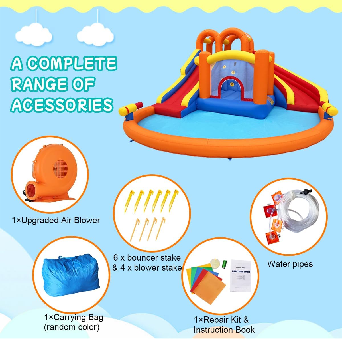 HuaKastro 14.2x12.8FT Big Inflatable Water Slide Bounce House Combo for Big Kids 5-12, with 2 Long Slide, Trampoline & Big Splash Pool, Blow Up Water Park for Backyard Summer Outdoor Fun