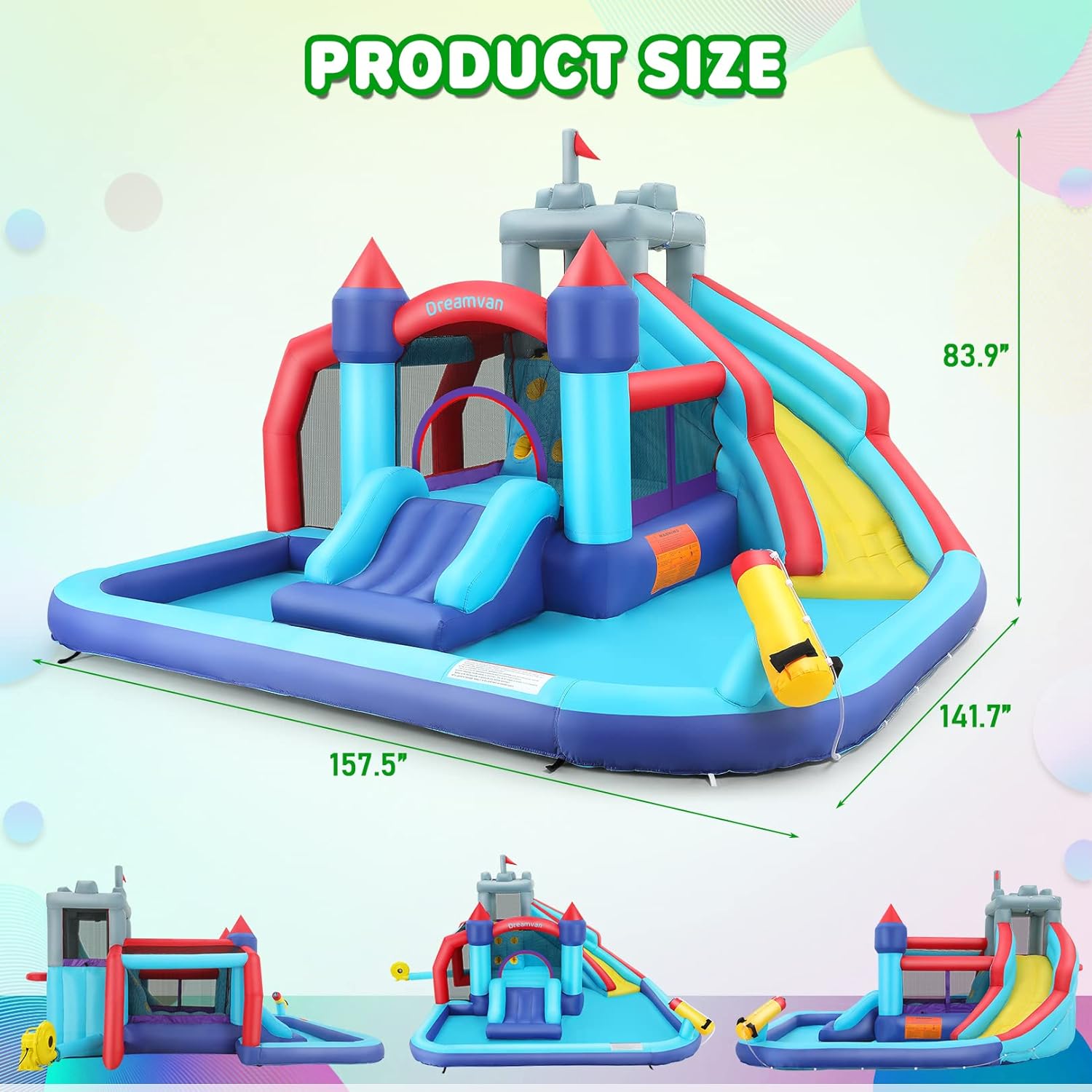 DREAMVAN Inflatable Water Slide, 8 in 1 Bounce House Water Park with 580W Blower, Giant Jumping Castle with 2 Slide, Ball Shooting, Climbing Wall, Fun Pool, Basketball Hoop for Kids 3-10 Years Old