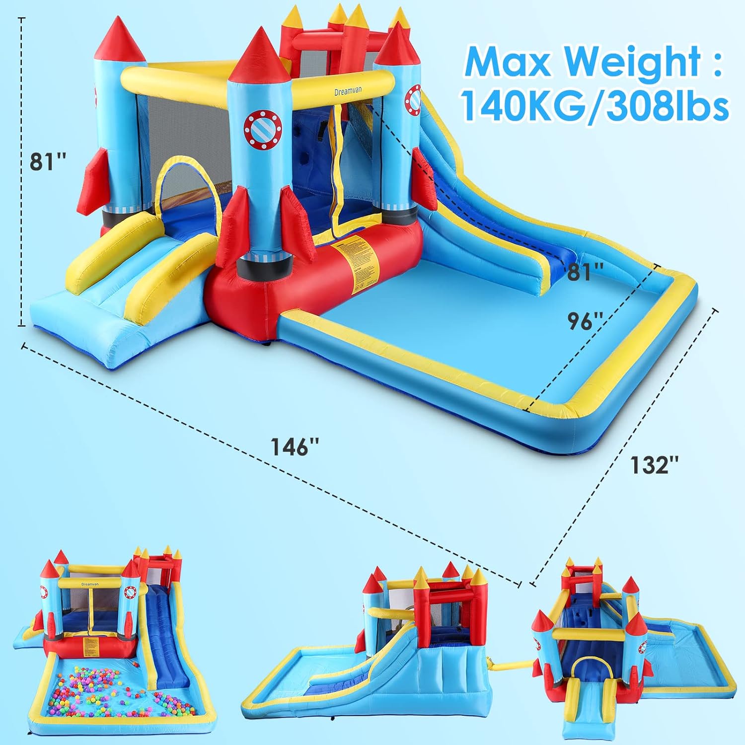 DREAMVAN Inflatable Water Slide, 8 in 1 Bounce House Water Park with 580W Blower, Giant Jumping Castle with 2 Slide, Ball Shooting, Climbing Wall, Fun Pool, Basketball Hoop for Kids 3-10 Years Old