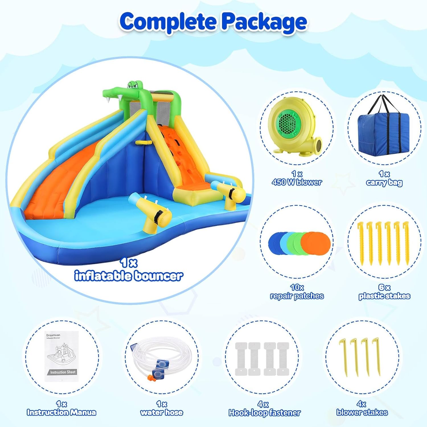 DREAMVAN Inflatable Water Slide, 8 in 1 Bounce House Water Park with 580W Blower, Giant Jumping Castle with 2 Slide, Ball Shooting, Climbing Wall, Fun Pool, Basketball Hoop for Kids 3-10 Years Old