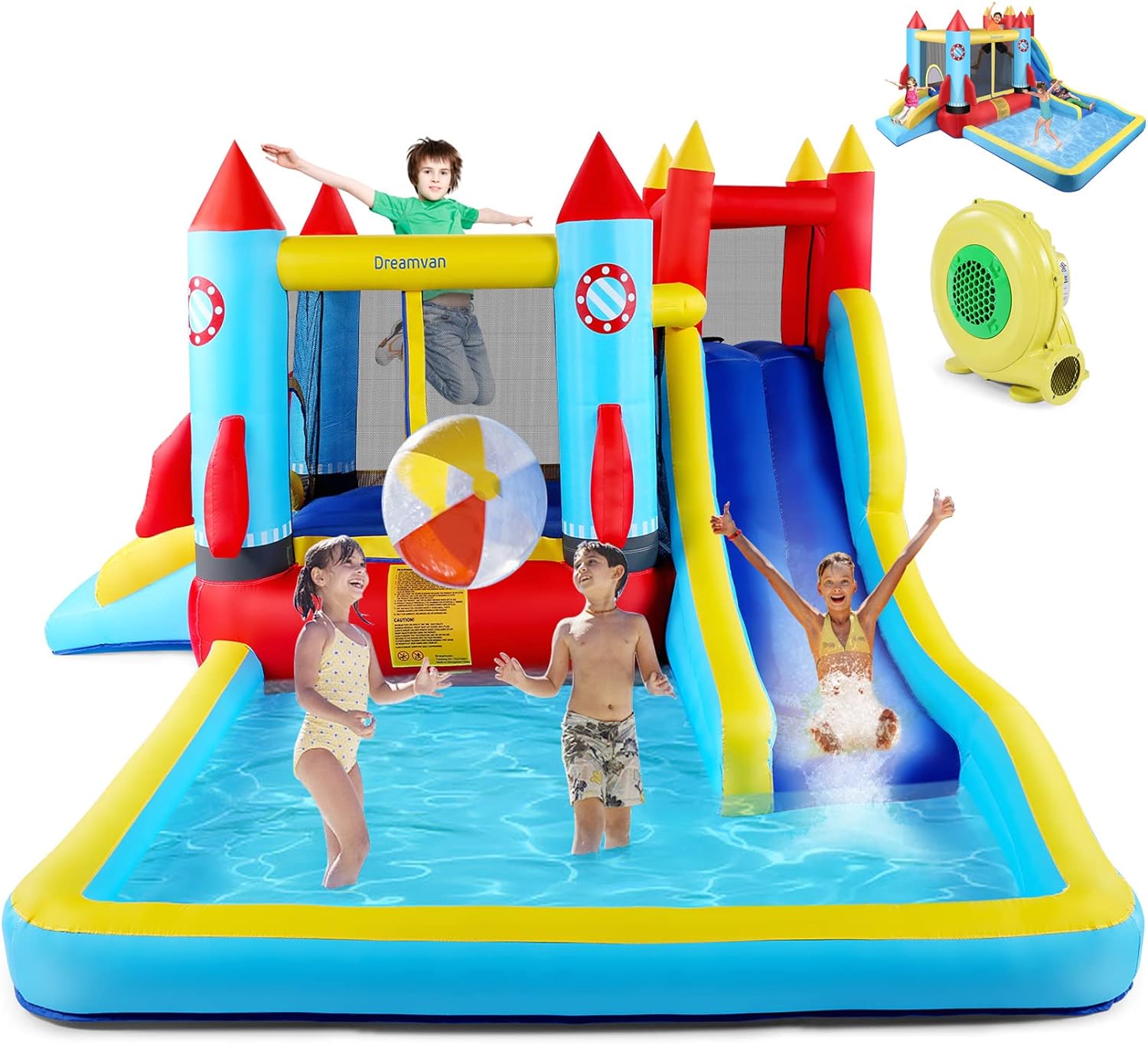 DREAMVAN Inflatable Water Slide, 8 in 1 Bounce House Water Park with 580W Blower, Giant Jumping Castle with 2 Slide, Ball Shooting, Climbing Wall, Fun Pool, Basketball Hoop for Kids 3-10 Years Old