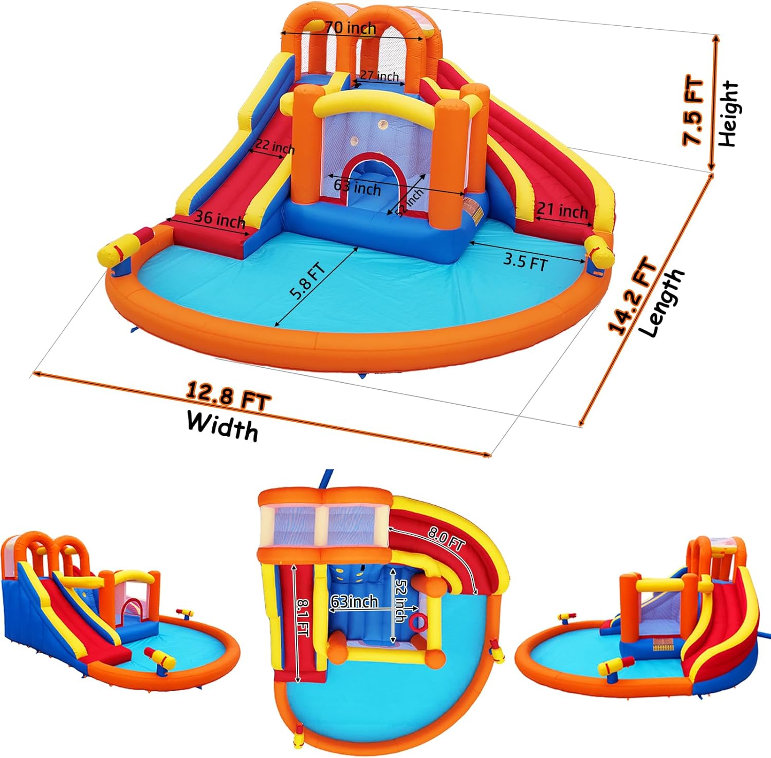 HuaKastro 14.2x12.8FT Big Inflatable Water Slide Bounce House Combo for Big Kids 5-12, with 2 Long Slide, Trampoline & Big Splash Pool, Blow Up Water Park for Backyard Summer Outdoor Fun