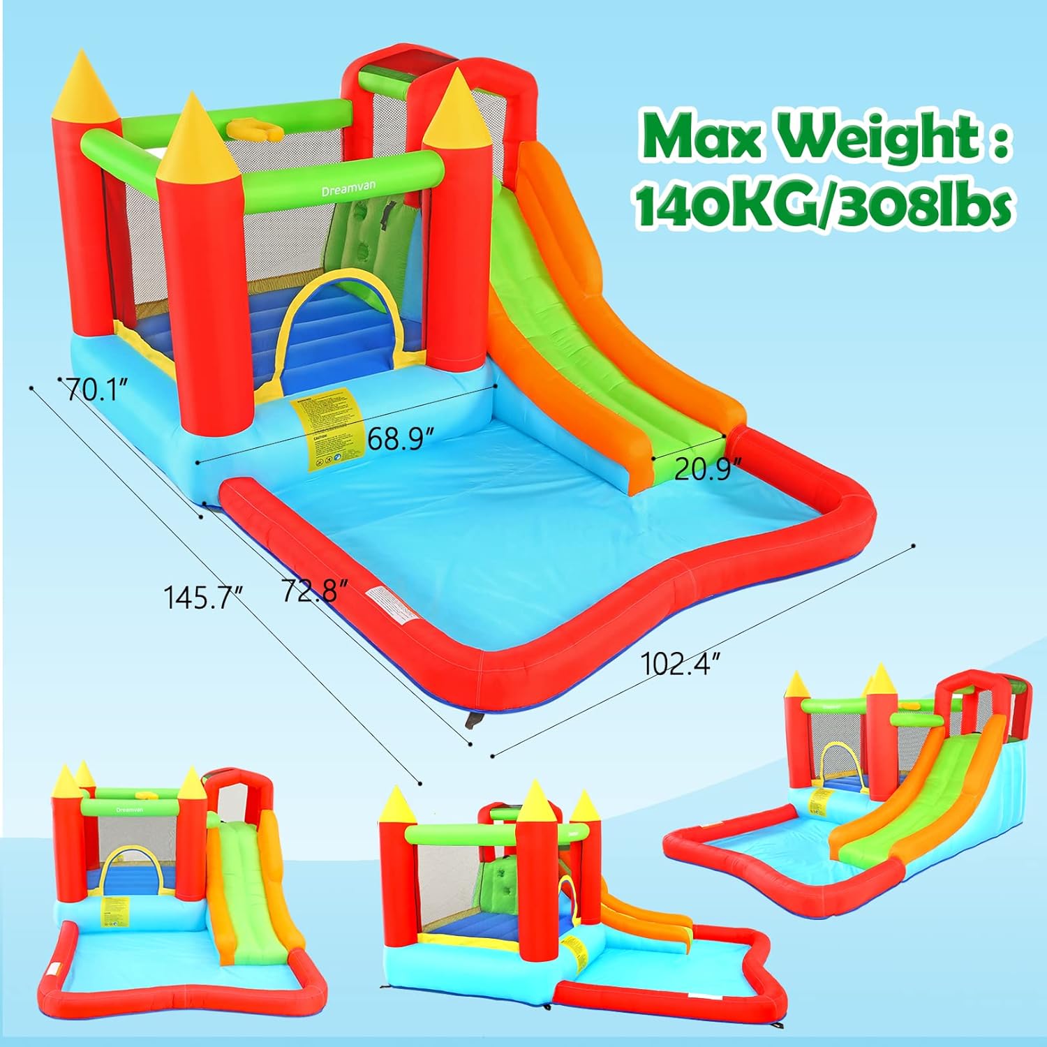 DREAMVAN Inflatable Water Slide, 8 in 1 Bounce House Water Park with 580W Blower, Giant Jumping Castle with 2 Slide, Ball Shooting, Climbing Wall, Fun Pool, Basketball Hoop for Kids 3-10 Years Old