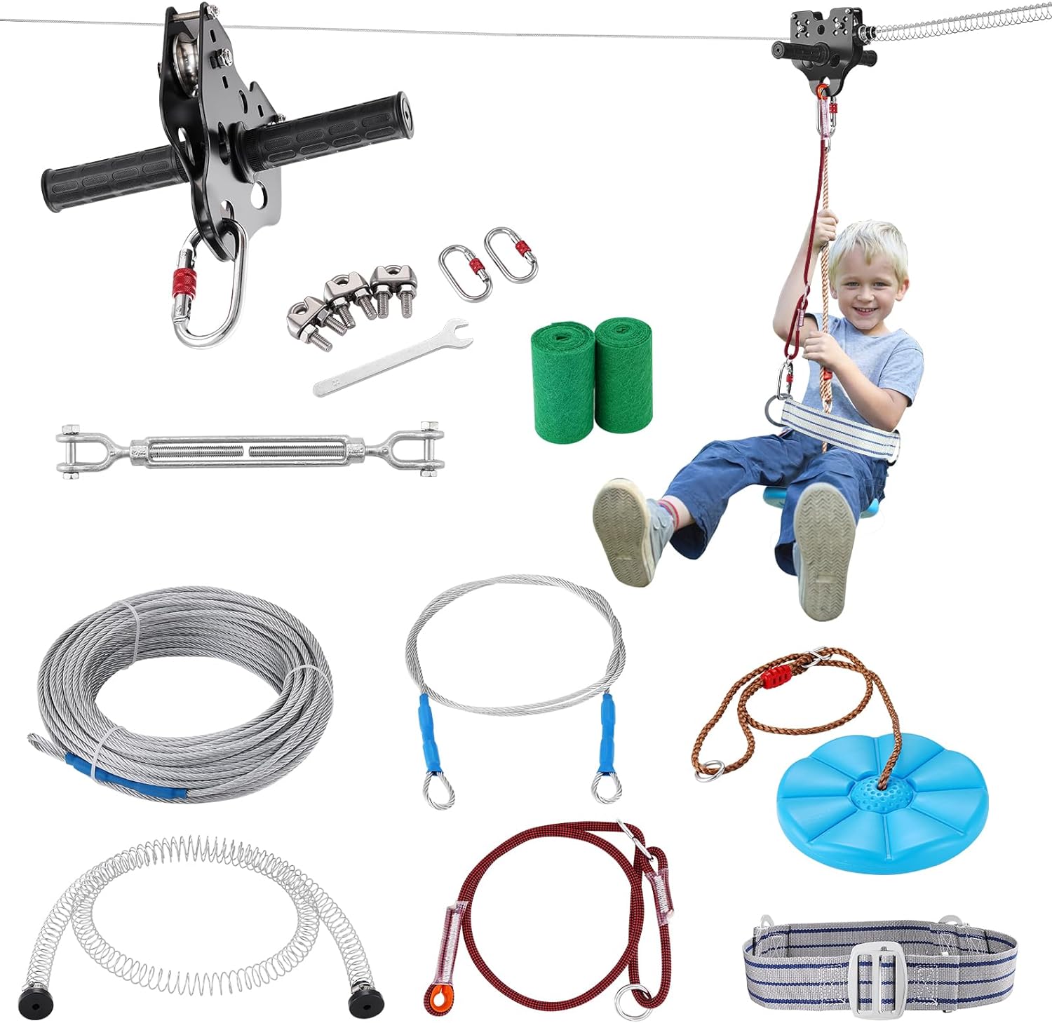 VEVOR Zip line Kits for Backyard - 100/120/160ft Zip line Kit for Kids and Adult Up to 500 lb, Included Swing Seat, Ziplines Brake, and Steel Trolley, Outdoor Playground Equipment