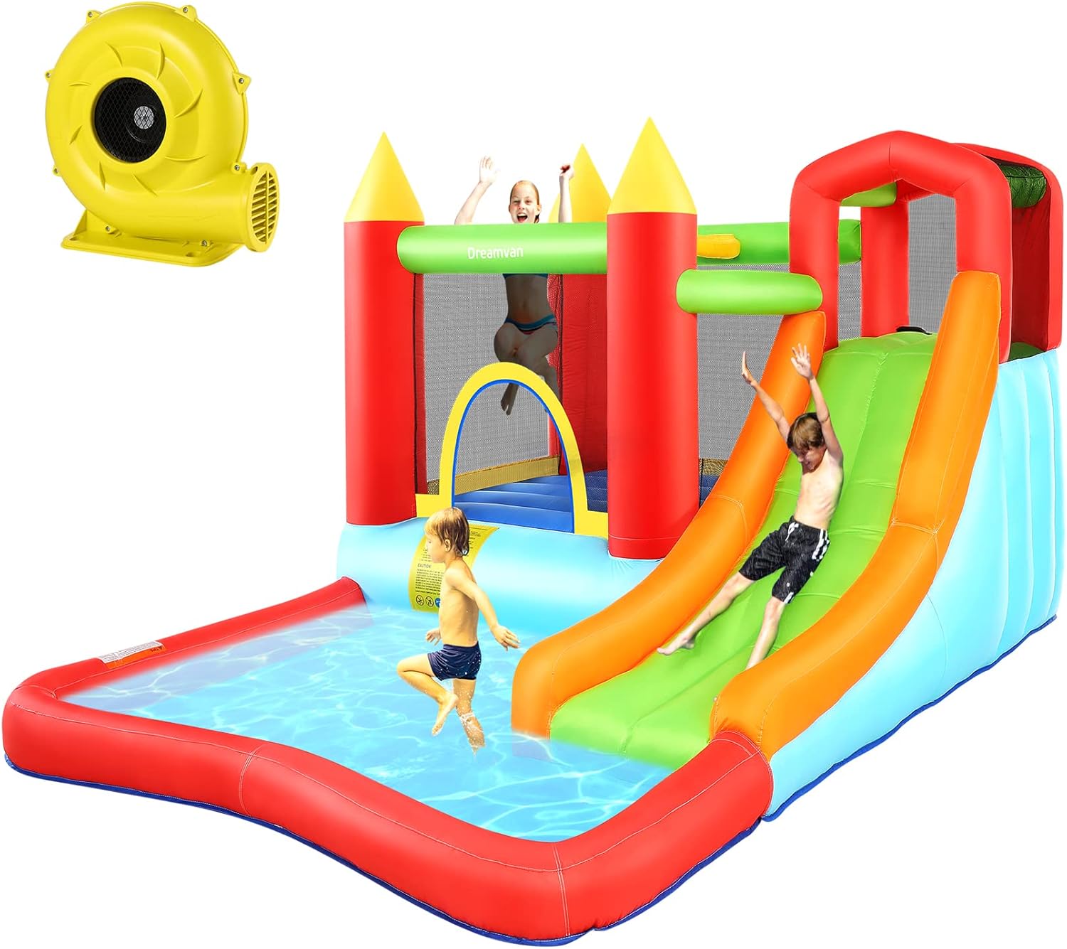 DREAMVAN Inflatable Water Slide, 8 in 1 Bounce House Water Park with 580W Blower, Giant Jumping Castle with 2 Slide, Ball Shooting, Climbing Wall, Fun Pool, Basketball Hoop for Kids 3-10 Years Old