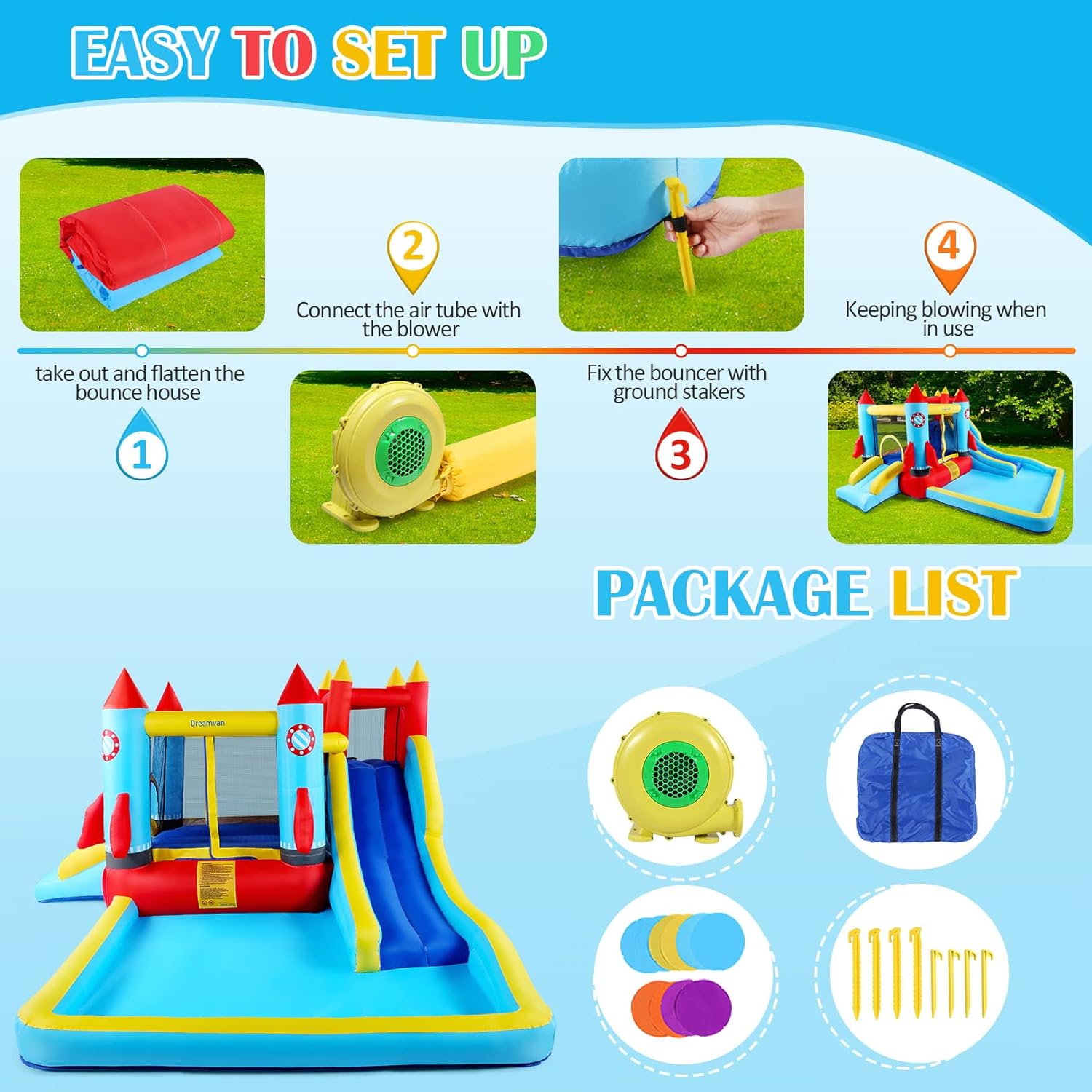 DREAMVAN Inflatable Water Slide, 8 in 1 Bounce House Water Park with 580W Blower, Giant Jumping Castle with 2 Slide, Ball Shooting, Climbing Wall, Fun Pool, Basketball Hoop for Kids 3-10 Years Old