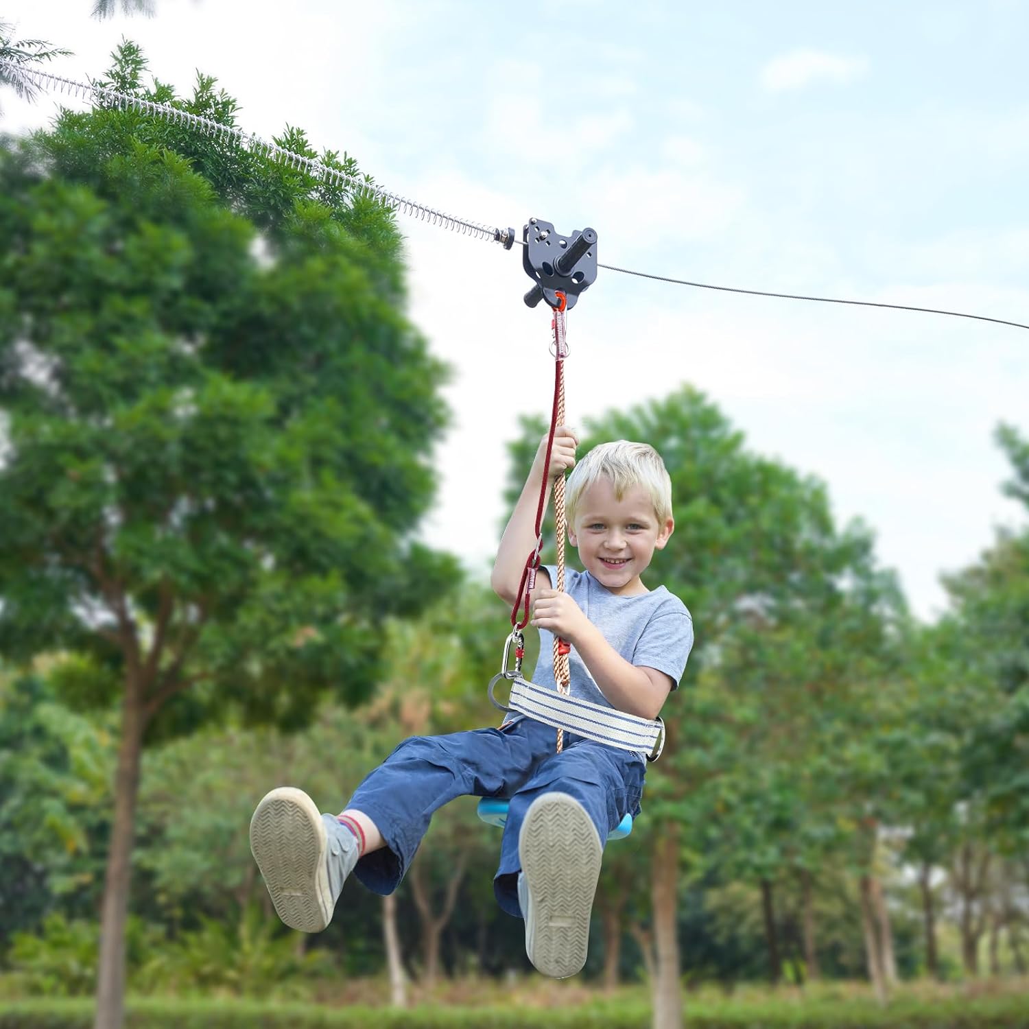 VEVOR Zip line Kits for Backyard - 100/120/160ft Zip line Kit for Kids and Adult Up to 500 lb, Included Swing Seat, Ziplines Brake, and Steel Trolley, Outdoor Playground Equipment