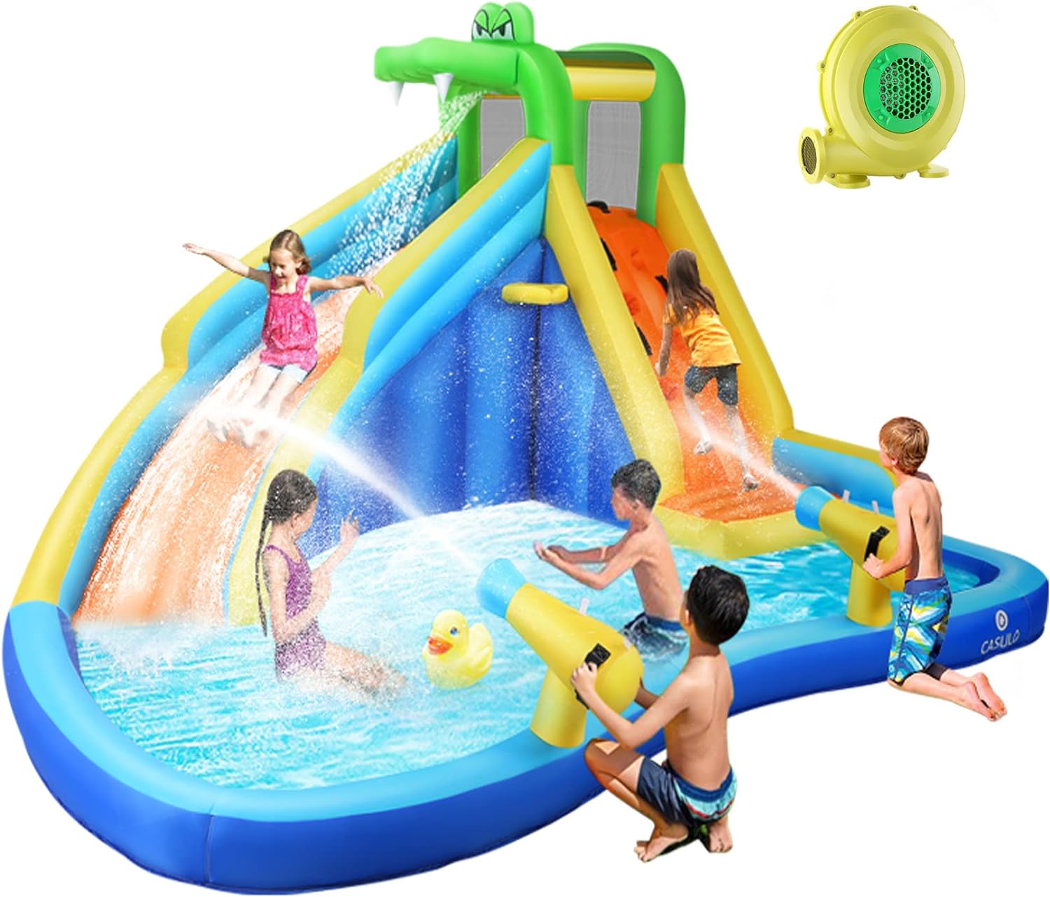 DREAMVAN Inflatable Water Slide, 8 in 1 Bounce House Water Park with 580W Blower, Giant Jumping Castle with 2 Slide, Ball Shooting, Climbing Wall, Fun Pool, Basketball Hoop for Kids 3-10 Years Old