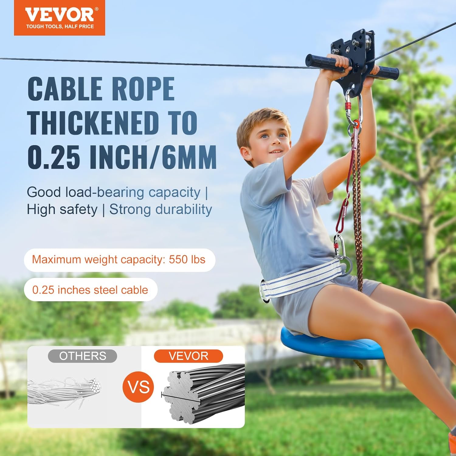 VEVOR Zip line Kits for Backyard - 100/120/160ft Zip line Kit for Kids and Adult Up to 500 lb, Included Swing Seat, Ziplines Brake, and Steel Trolley, Outdoor Playground Equipment