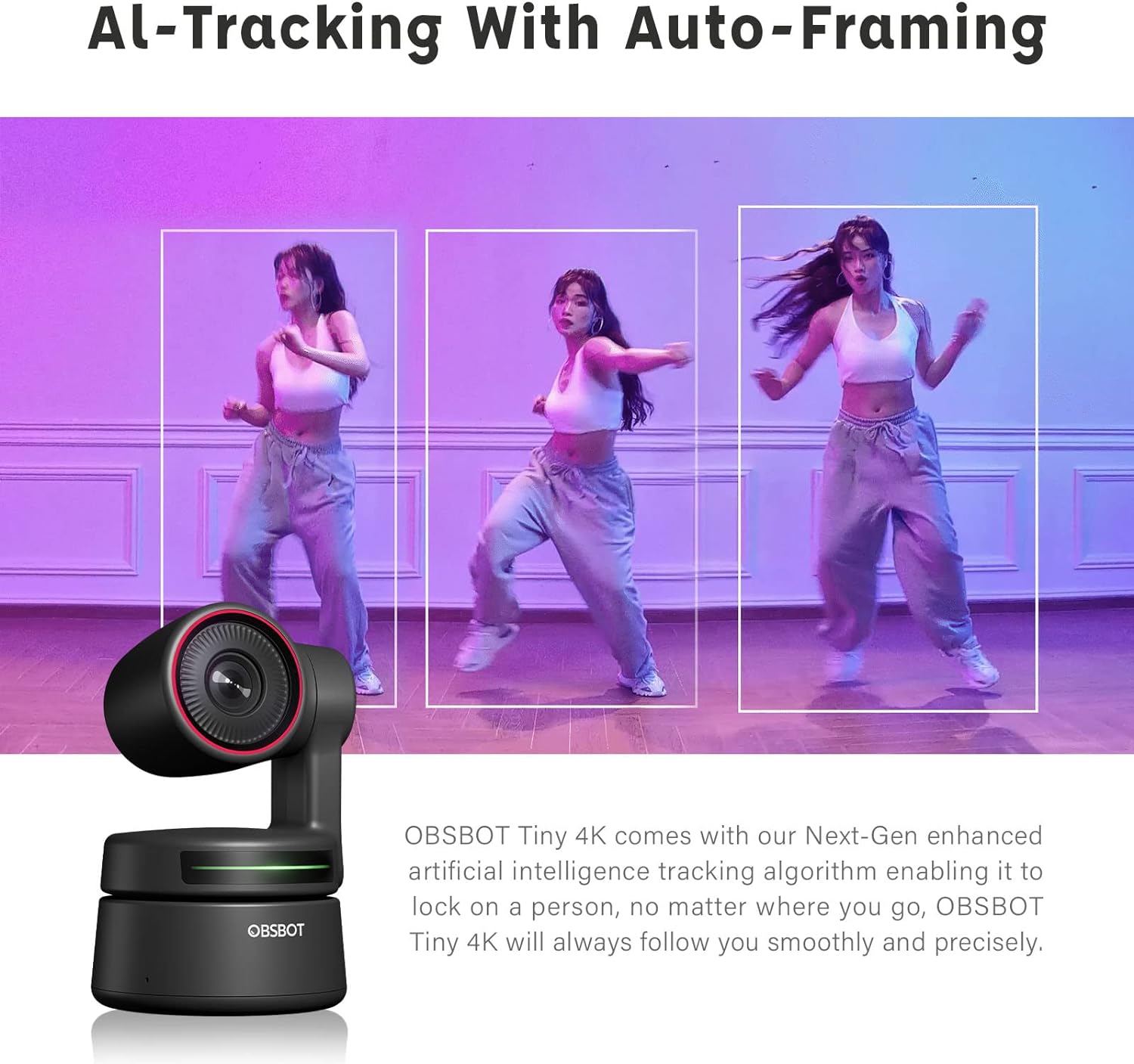 OBSBOT Tiny Webcam 4K PTZ, AI-Powered Tracking & Auto Focus, 4K Webcam with Microphone Noise Reduction, Gesture Control, 60 FPS, HDR Low-Light Correction, Web Camera for PC, Streaming, Meeting, etc