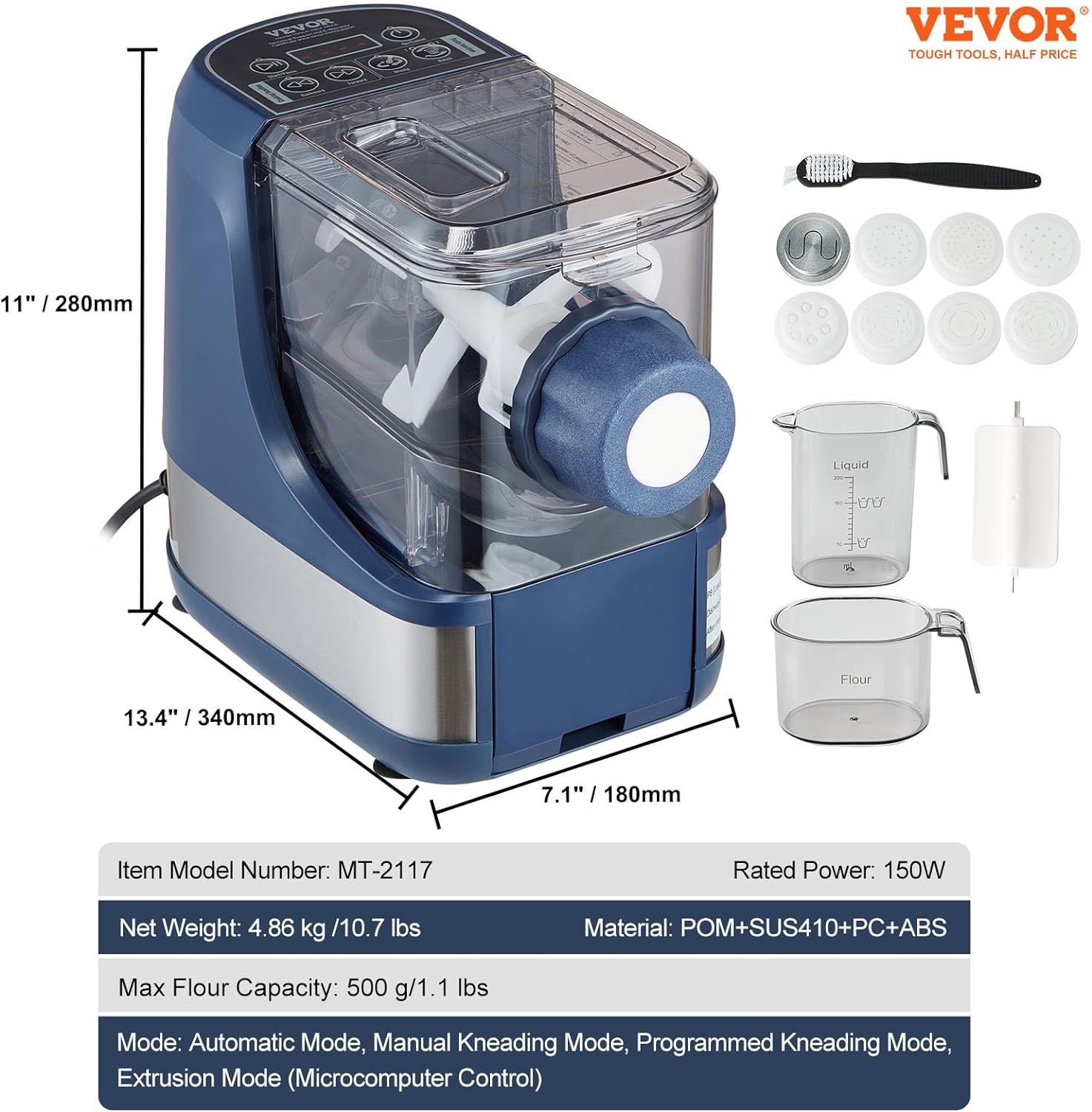 VEVOR Electric Pasta Maker, 150W Automatic Noodle Maker Machine with 8 Pasta Shapes, 4 Intelligent Modes, 500g Flour Capacity Pasta Maker Machine with Measuring Cups, Cleaning Brush for Home Kitchen