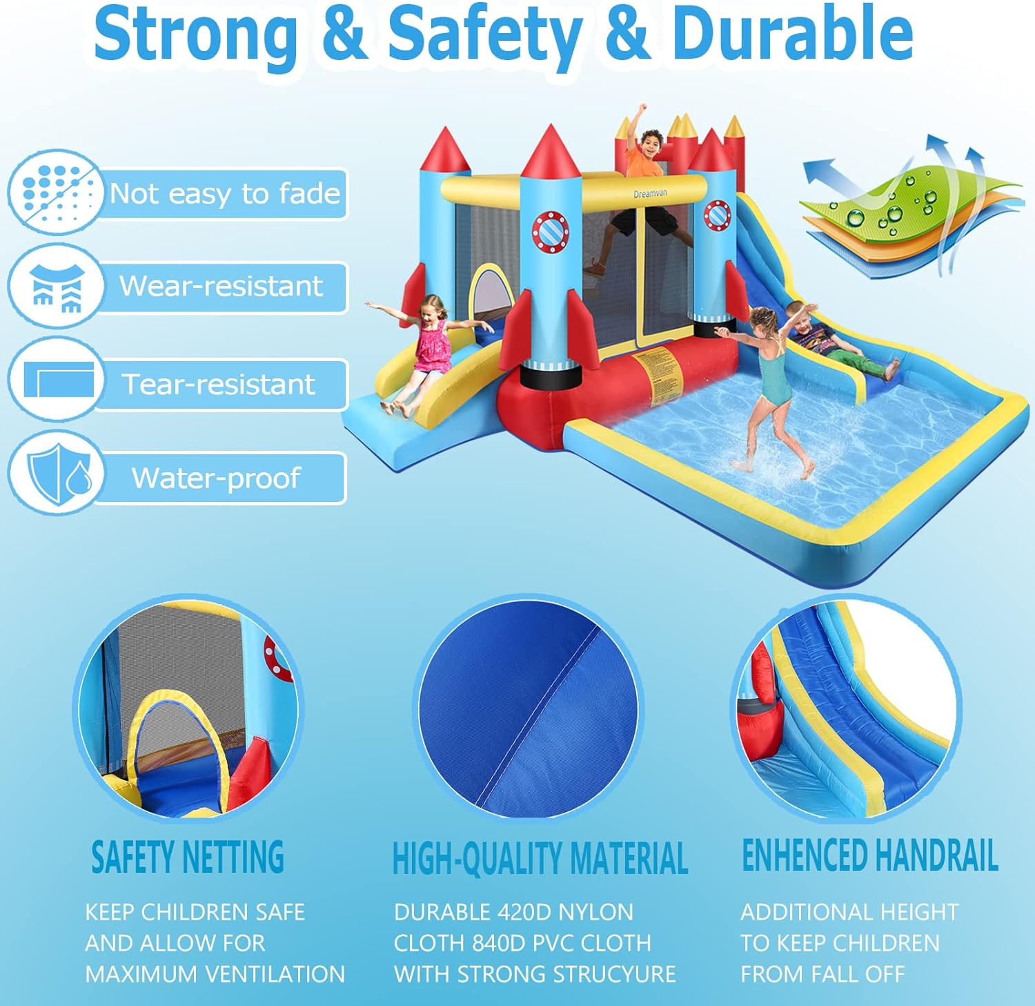 DREAMVAN Inflatable Water Slide, 8 in 1 Bounce House Water Park with 580W Blower, Giant Jumping Castle with 2 Slide, Ball Shooting, Climbing Wall, Fun Pool, Basketball Hoop for Kids 3-10 Years Old