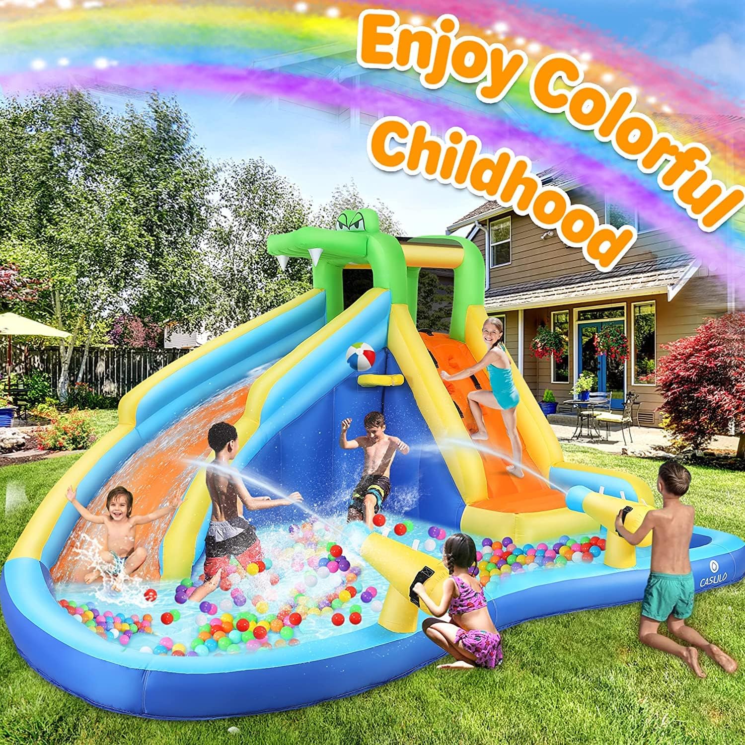 DREAMVAN Inflatable Water Slide, 8 in 1 Bounce House Water Park with 580W Blower, Giant Jumping Castle with 2 Slide, Ball Shooting, Climbing Wall, Fun Pool, Basketball Hoop for Kids 3-10 Years Old