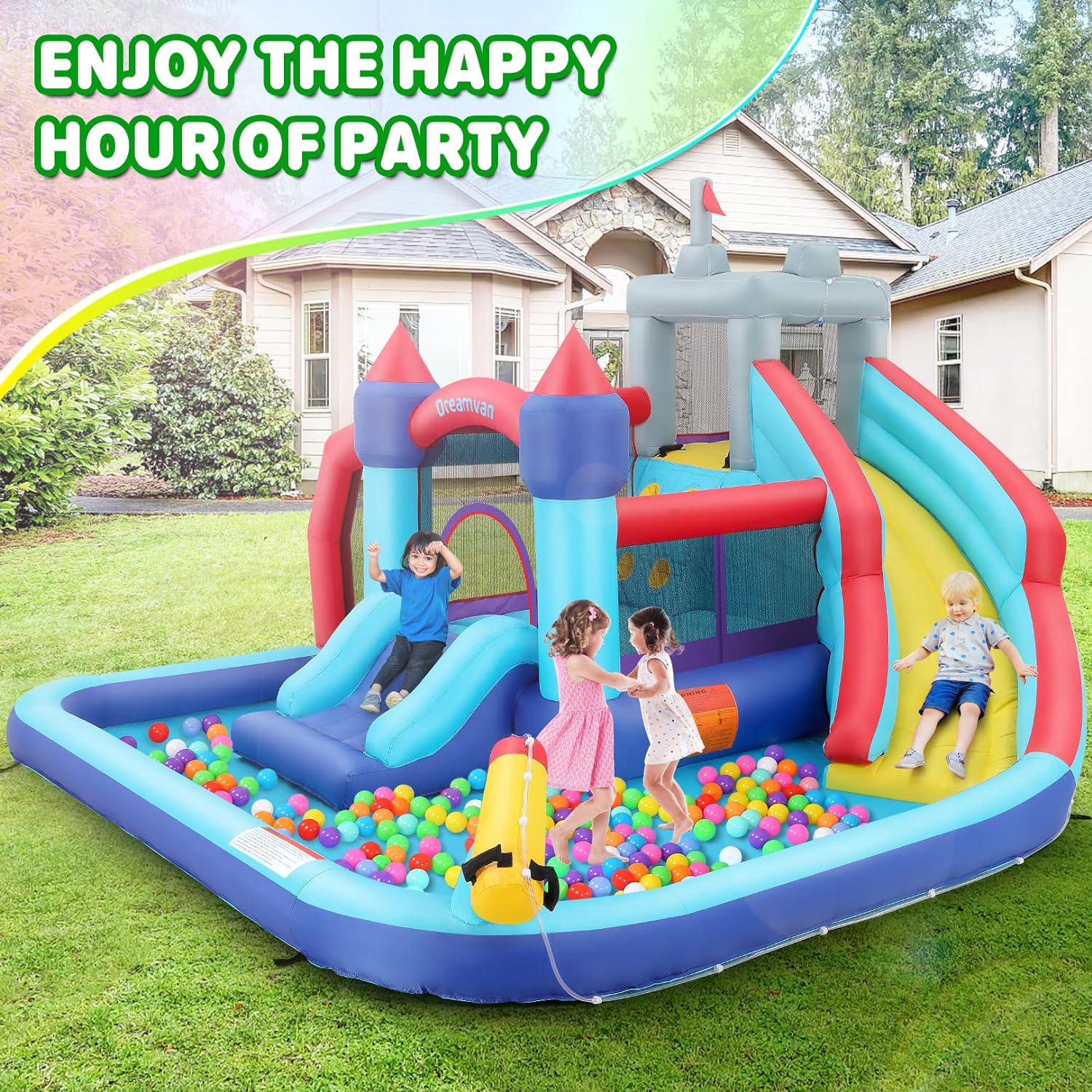 DREAMVAN Inflatable Water Slide, 8 in 1 Bounce House Water Park with 580W Blower, Giant Jumping Castle with 2 Slide, Ball Shooting, Climbing Wall, Fun Pool, Basketball Hoop for Kids 3-10 Years Old