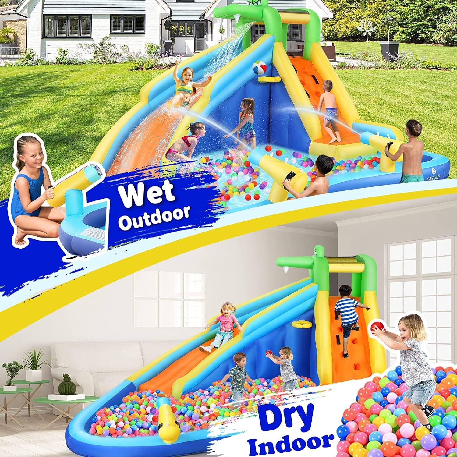 DREAMVAN Inflatable Water Slide, 8 in 1 Bounce House Water Park with 580W Blower, Giant Jumping Castle with 2 Slide, Ball Shooting, Climbing Wall, Fun Pool, Basketball Hoop for Kids 3-10 Years Old