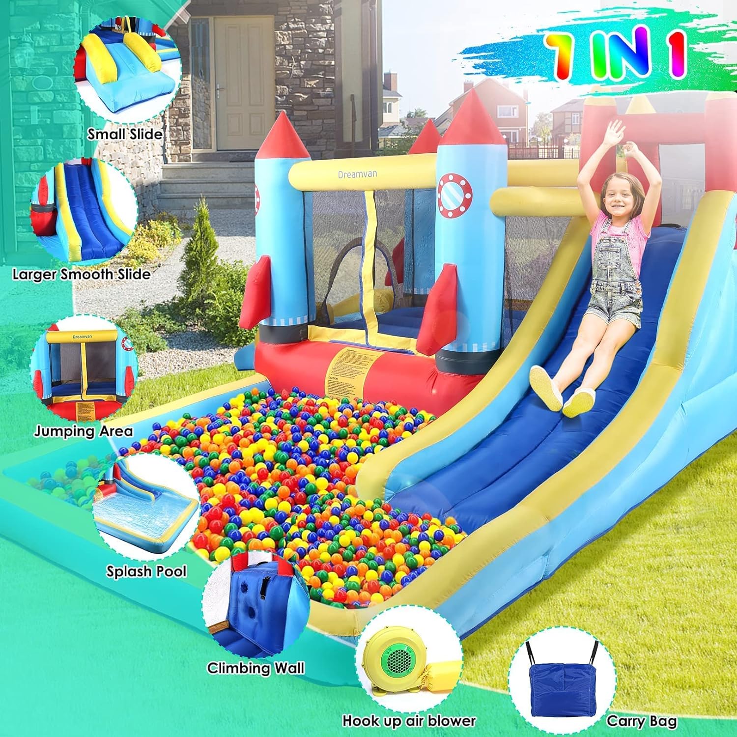 Inflatable Bounce House for Kids 146 x 132 x 82 inch, Indoor/Outdoor Bouncy House with Large Splashing Pool, Bouncing Area, 2 Water Slides,Climbing Wall, UL Certified Blower Included