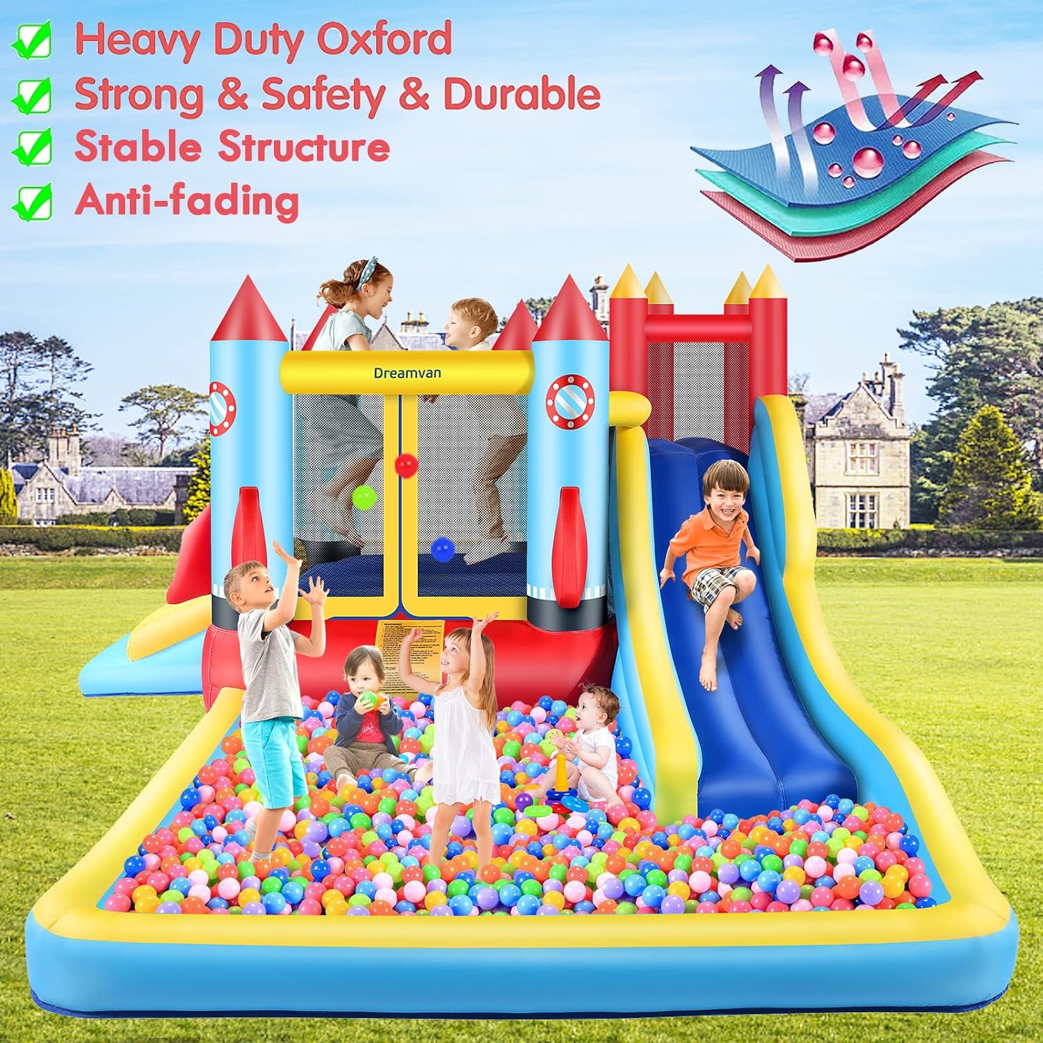 Inflatable Bounce House for Kids 146 x 132 x 82 inch, Indoor/Outdoor Bouncy House with Large Splashing Pool, Bouncing Area, 2 Water Slides,Climbing Wall, UL Certified Blower Included