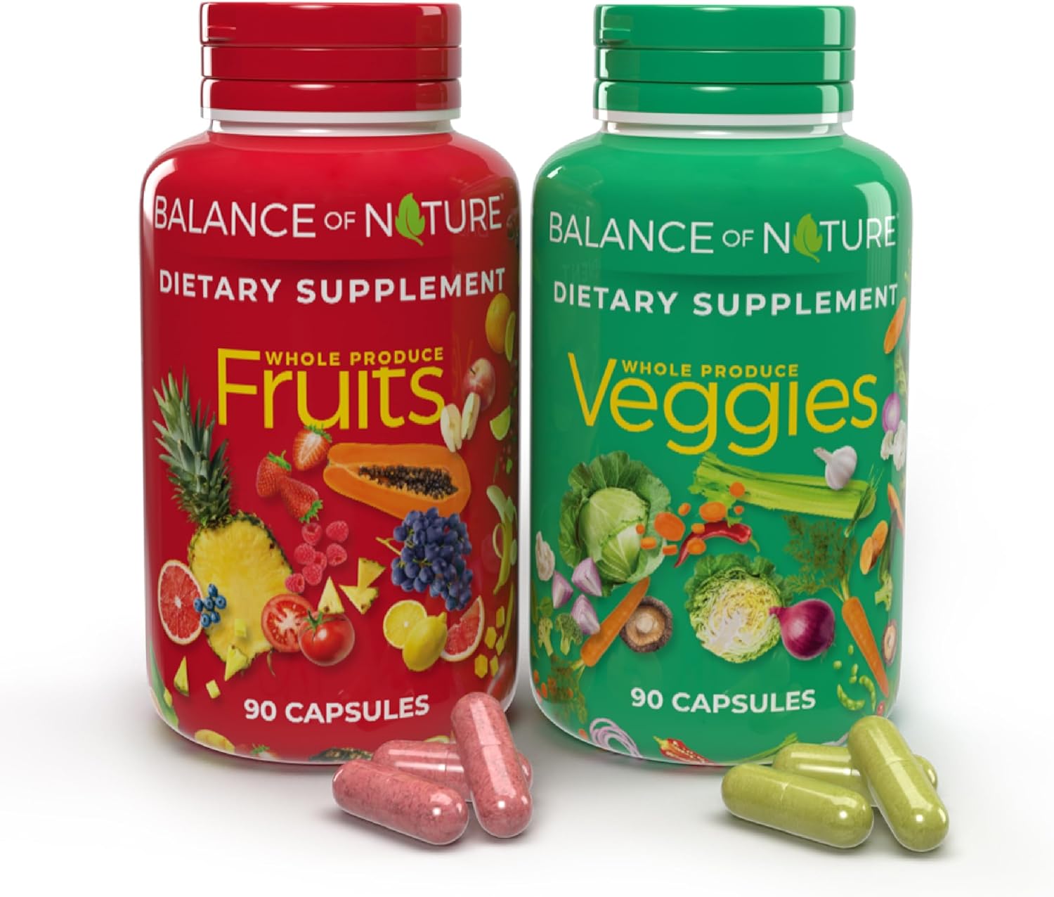 Balance of Nature Fruits and Veggies - Whole Food Supplement with Superfood Fruits and Vegetables for Women, Men, and Kids - 90 Fruit Capsules, 90 Veggie Capsules - 1 Set