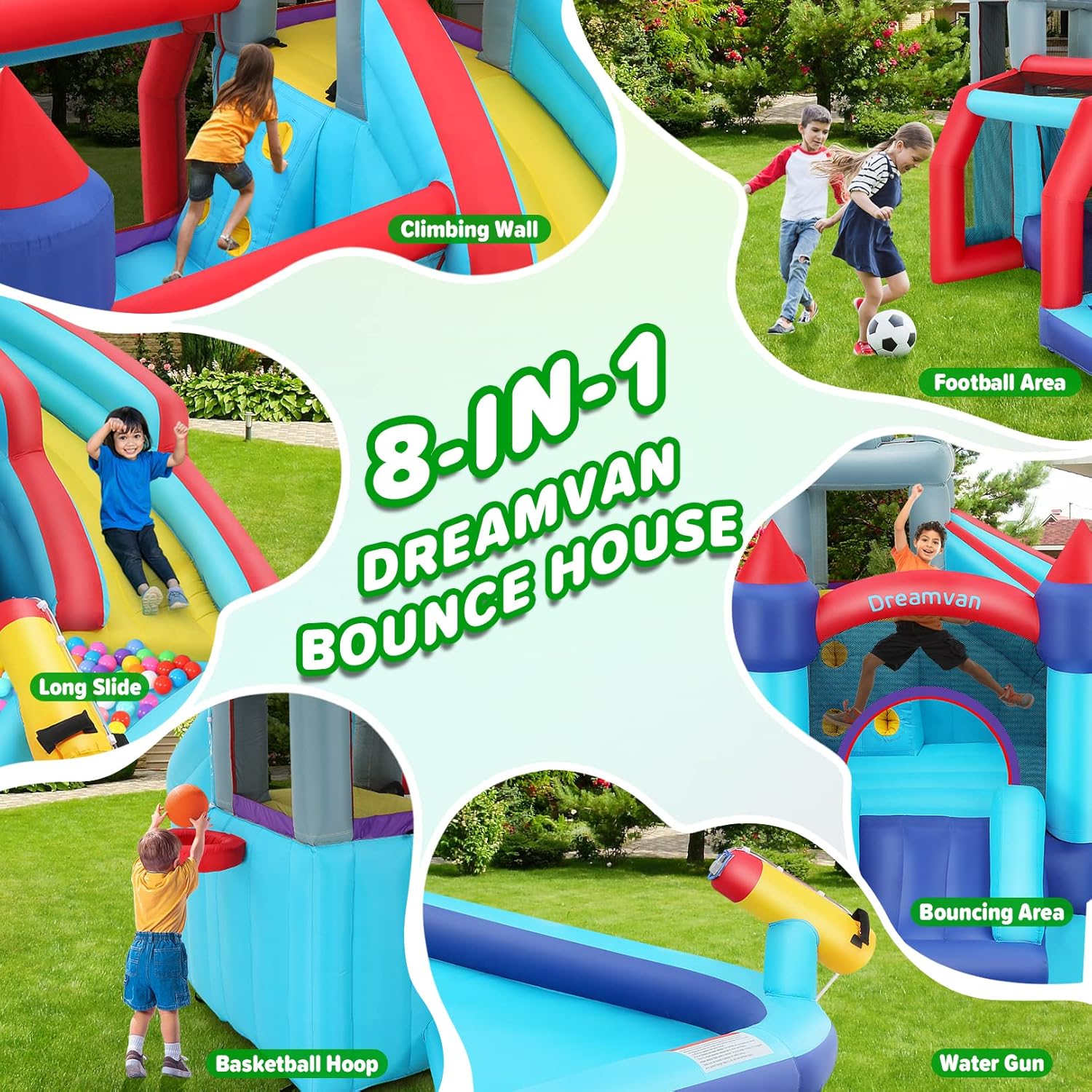 DREAMVAN Inflatable Water Slide, 8 in 1 Bounce House Water Park with 580W Blower, Giant Jumping Castle with 2 Slide, Ball Shooting, Climbing Wall, Fun Pool, Basketball Hoop for Kids 3-10 Years Old