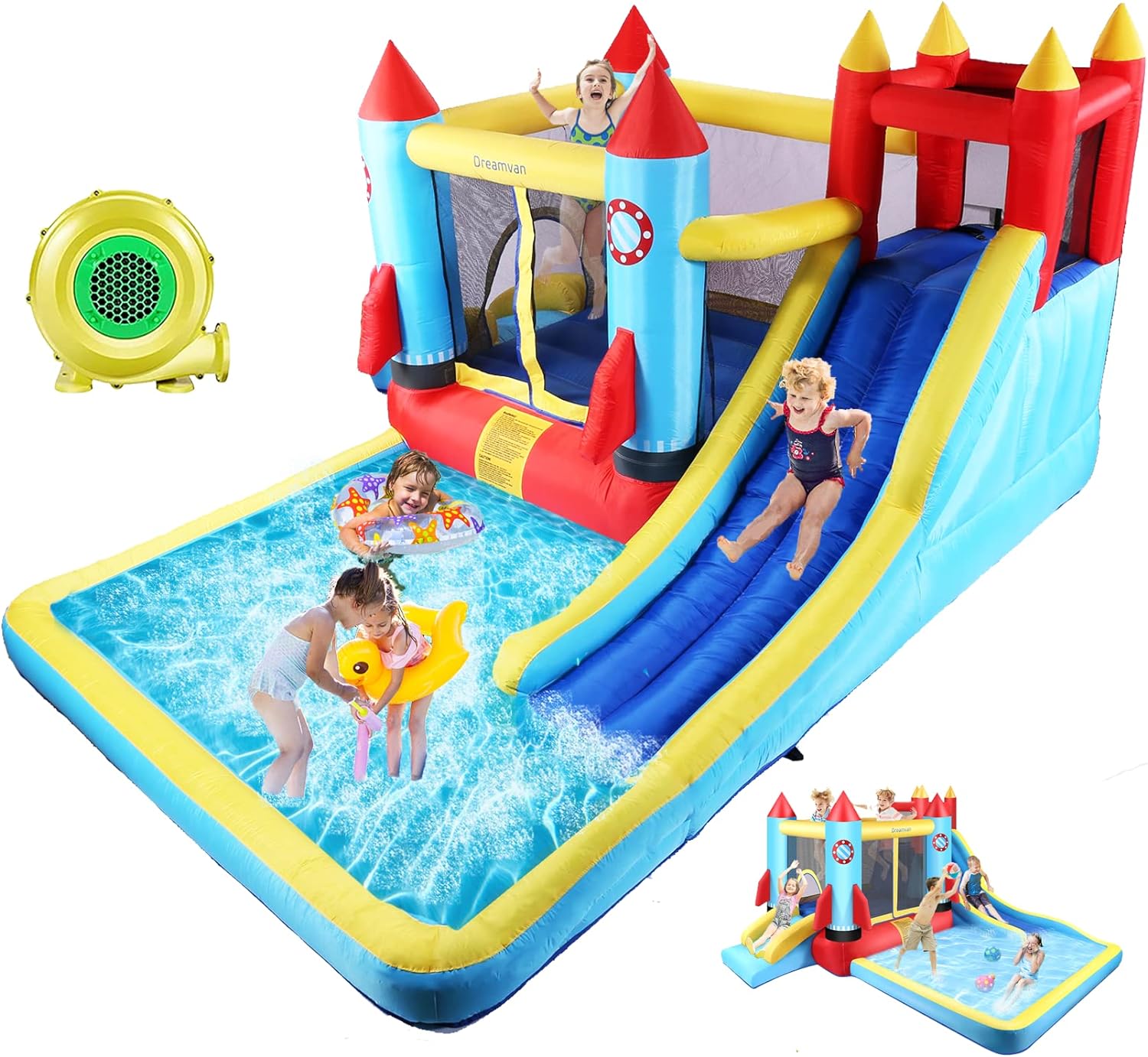 Inflatable Bounce House for Kids 146 x 132 x 82 inch, Indoor/Outdoor Bouncy House with Large Splashing Pool, Bouncing Area, 2 Water Slides,Climbing Wall, UL Certified Blower Included