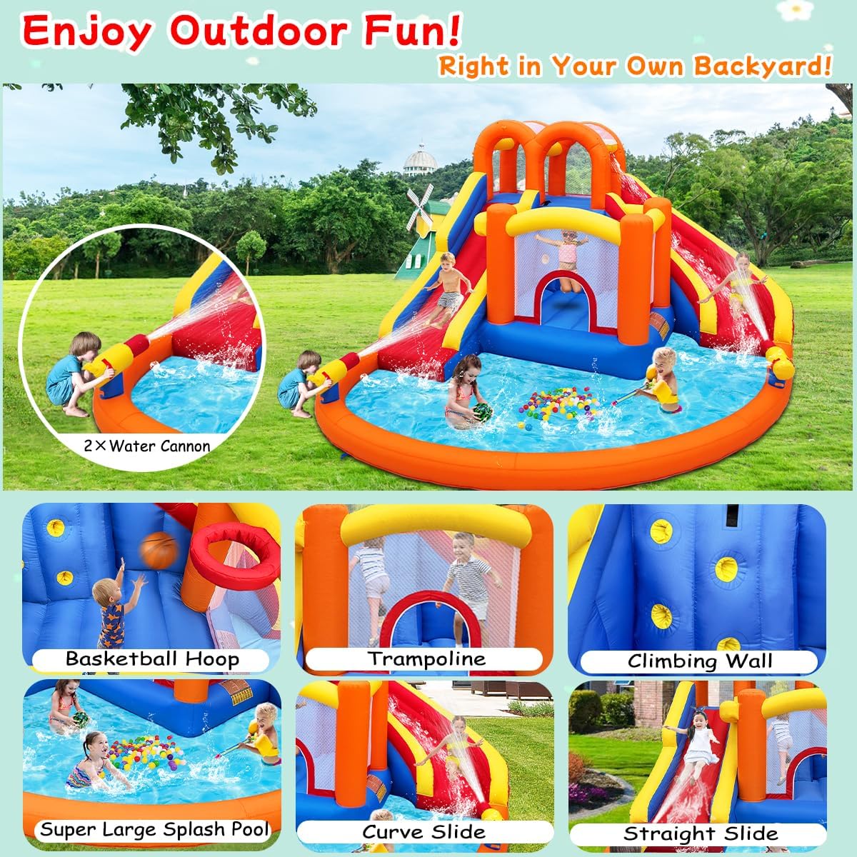 HuaKastro 14.2x12.8FT Big Inflatable Water Slide Bounce House Combo for Big Kids 5-12, with 2 Long Slide, Trampoline & Big Splash Pool, Blow Up Water Park for Backyard Summer Outdoor Fun