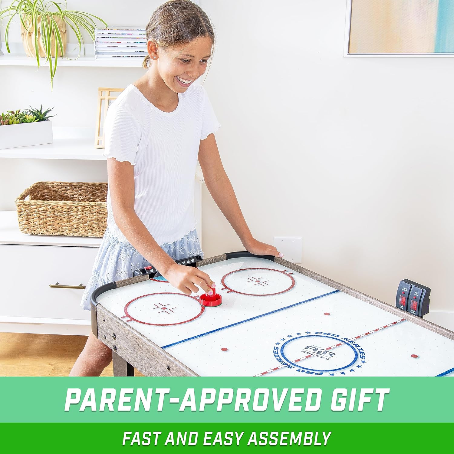 GoSports 48 Inch Air Hockey Arcade Table for Kids - Includes 2 Pushers, 3 Pucks, AC Motor, and LED Scoreboard - Oak or Black