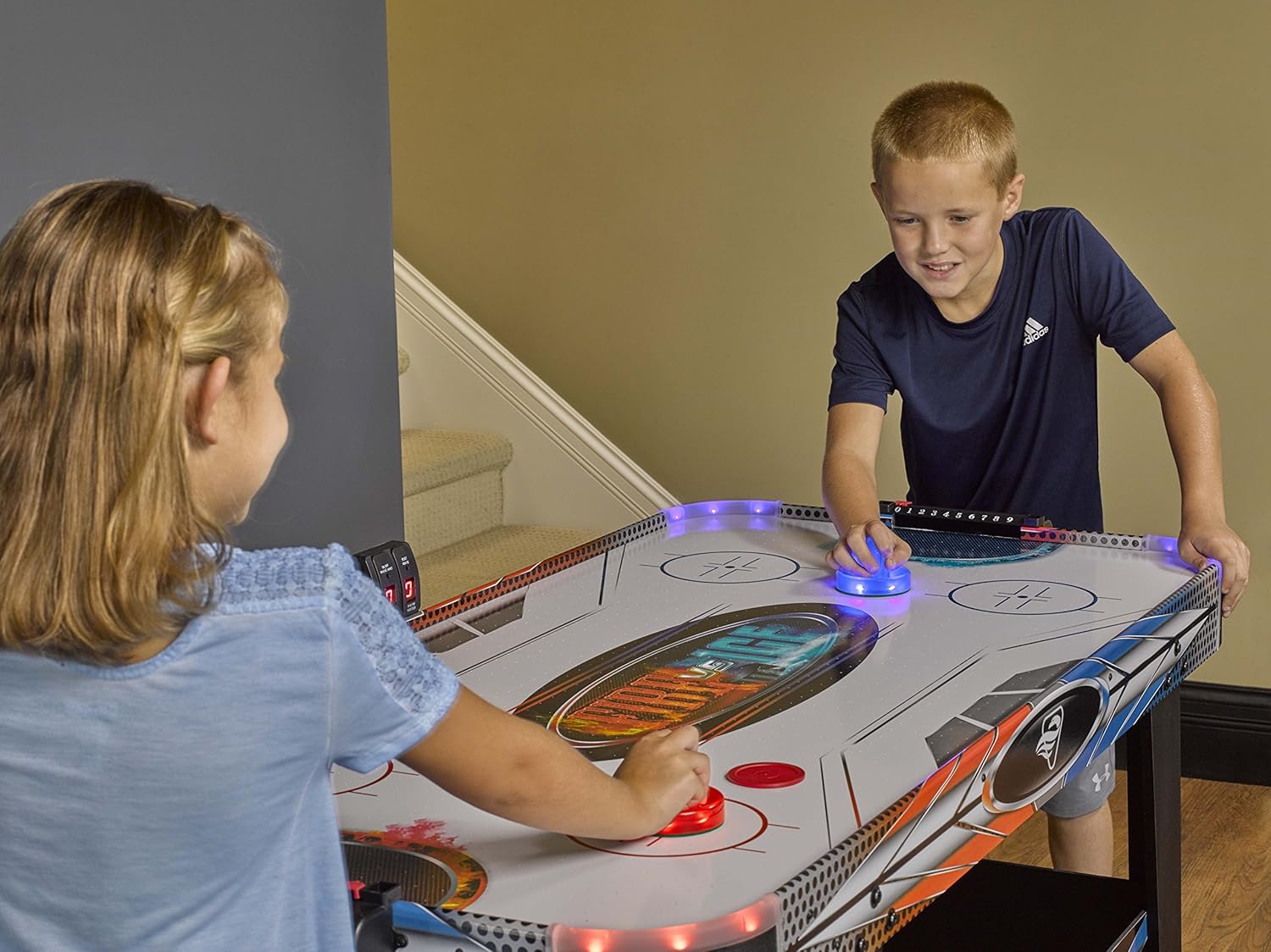 Air-Powered Hockey Table, 54"L x 27"W x 31"H Indoor Hockey Table for Kids and Adults, LED Sports Hockey Game with 1 Pucks, 2 Pushers, and Electronic Score System, Arcade Gaming Set for Game Room Family Home