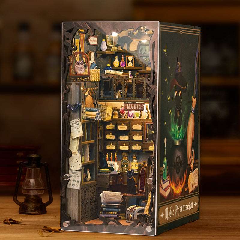 CUTEBEE Book Nook 3D Puzzle: Magical Flame Common Room with Touch Light and Dust Cover - Unique Bookshelf Insert Toy Gift