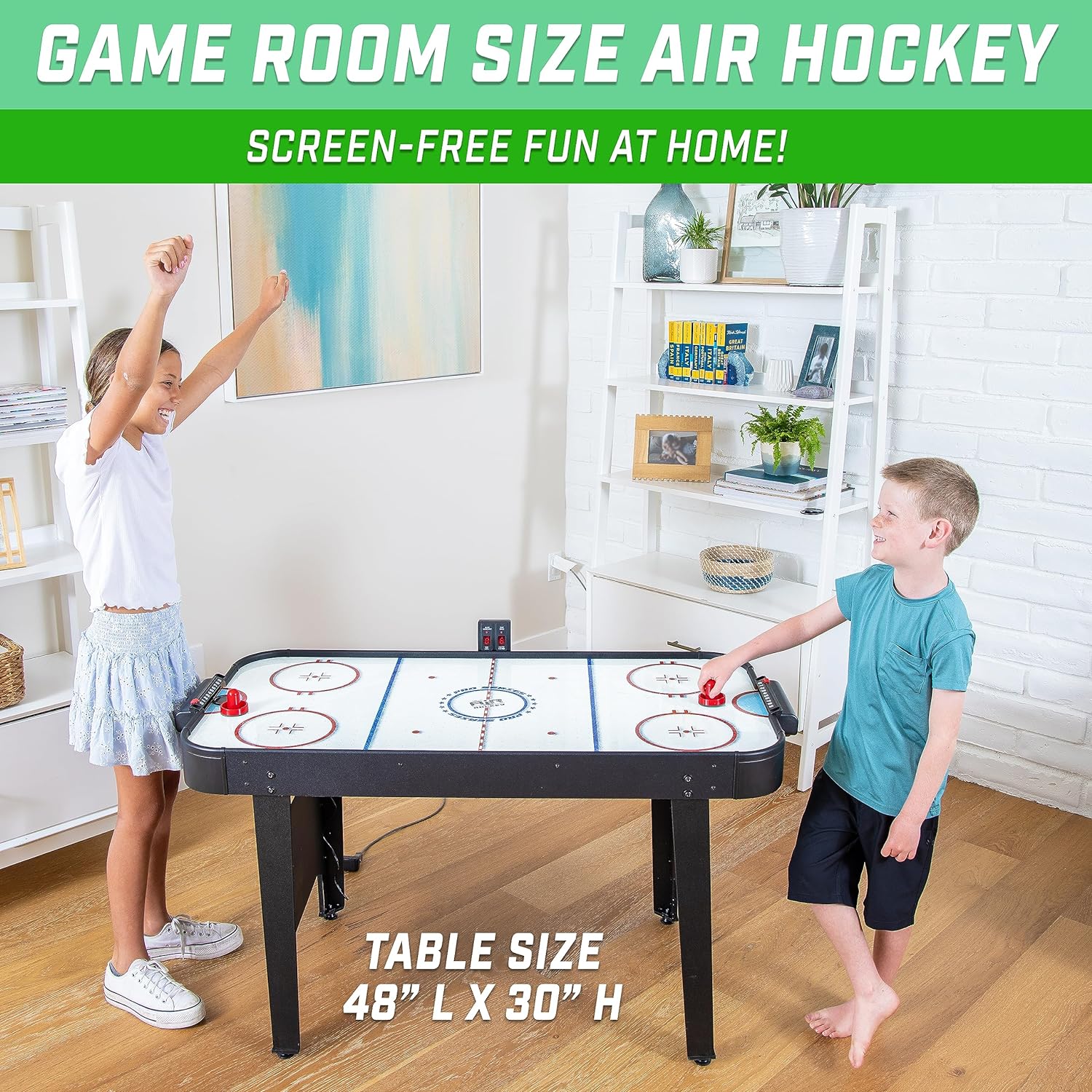 GoSports 48 Inch Air Hockey Arcade Table for Kids - Includes 2 Pushers, 3 Pucks, AC Motor, and LED Scoreboard - Oak or Black