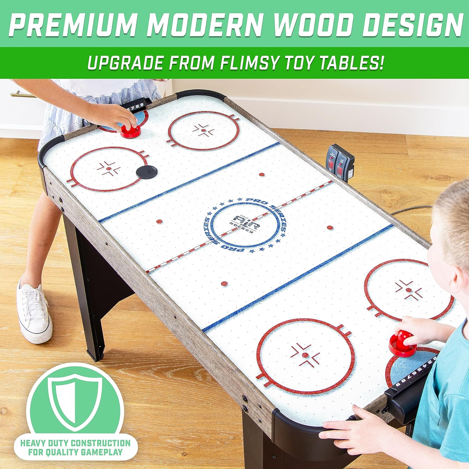 GoSports 48 Inch Air Hockey Arcade Table for Kids - Includes 2 Pushers, 3 Pucks, AC Motor, and LED Scoreboard - Oak or Black