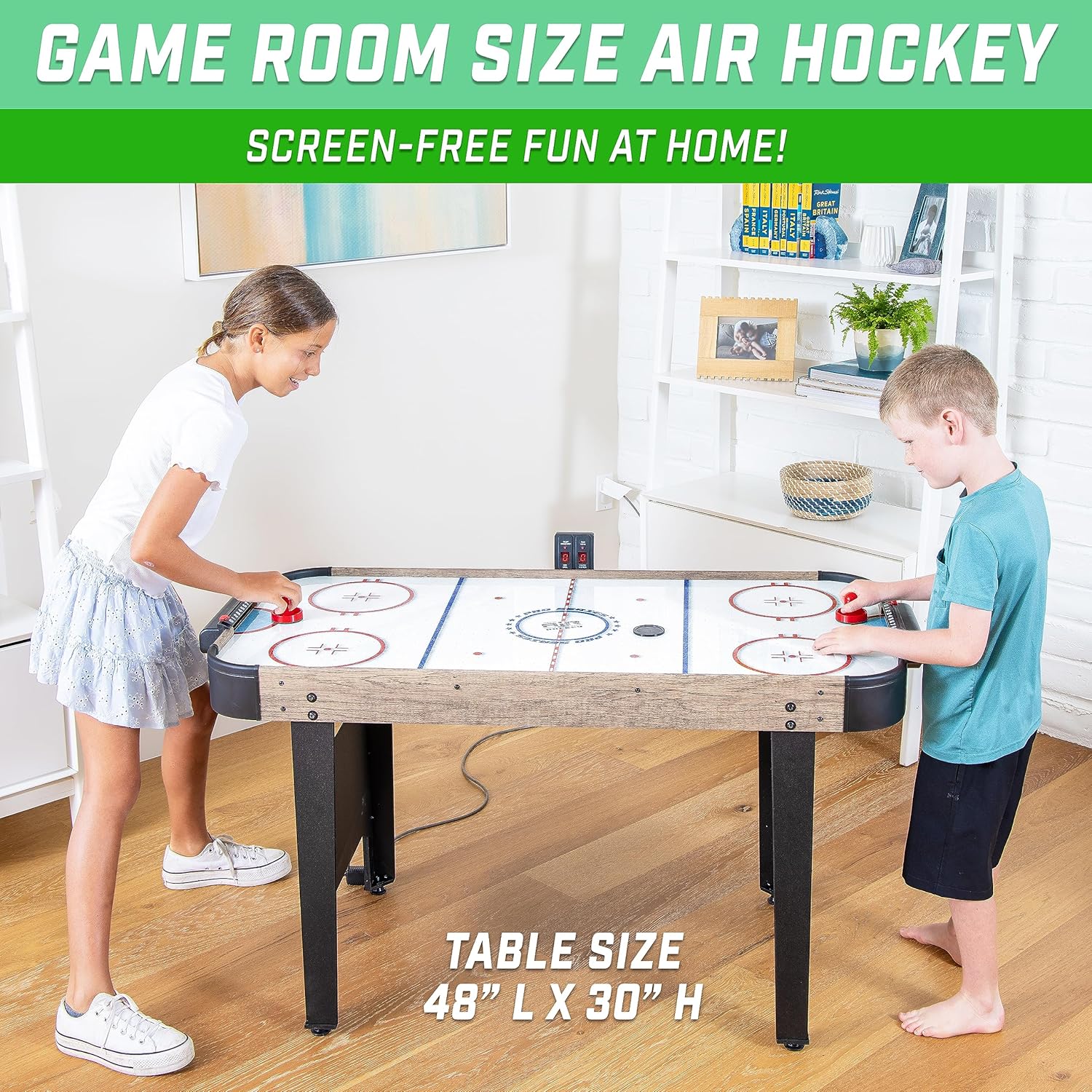 GoSports 48 Inch Air Hockey Arcade Table for Kids - Includes 2 Pushers, 3 Pucks, AC Motor, and LED Scoreboard - Oak or Black