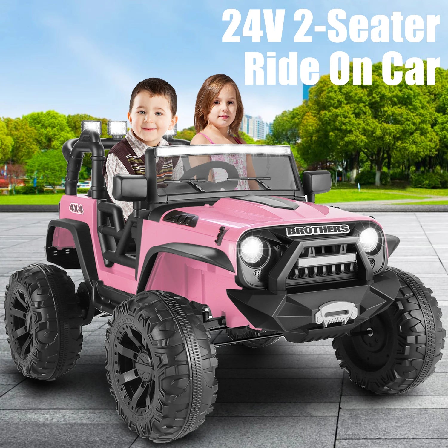 Kids 24V Ride on Car Truck with Remote Control - 2 Seater Electric Jeeps Car, 2x200W Motor, Spring Suspension, 3 Speeds, Pink