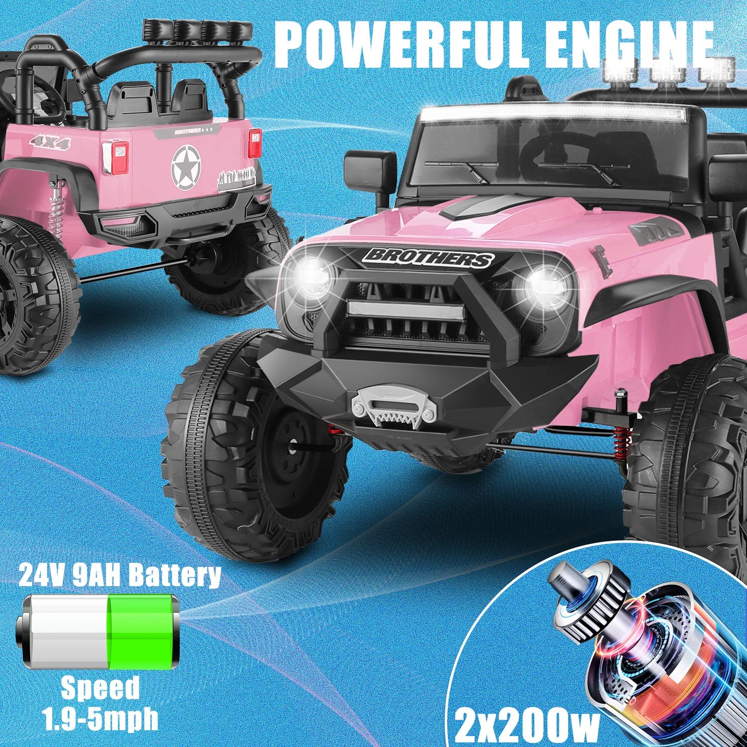 Kids 24V Ride on Car Truck with Remote Control - 2 Seater Electric Jeeps Car, 2x200W Motor, Spring Suspension, 3 Speeds, Pink