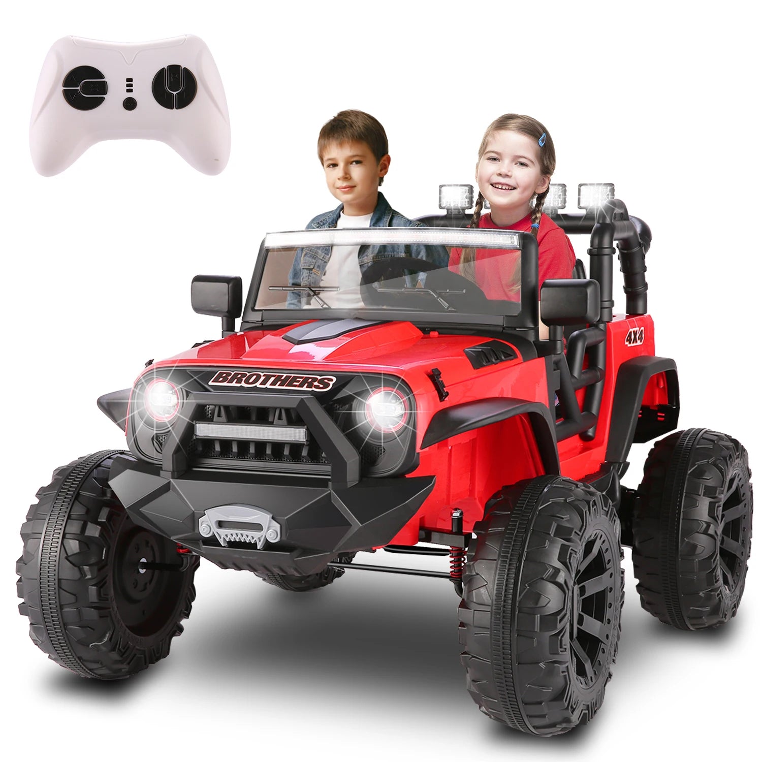 2 Seater Ride on Car for Kids 24V with Remote Control, 2 Seater Electric Jeep Car with Spring Suspension, LED Lights, Music, Red