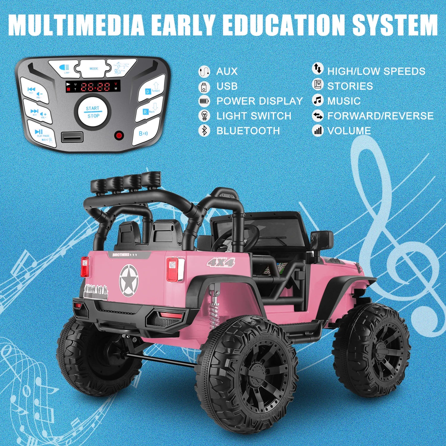 Kids 24V Ride on Car Truck with Remote Control - 2 Seater Electric Jeeps Car, 2x200W Motor, Spring Suspension, 3 Speeds, Pink