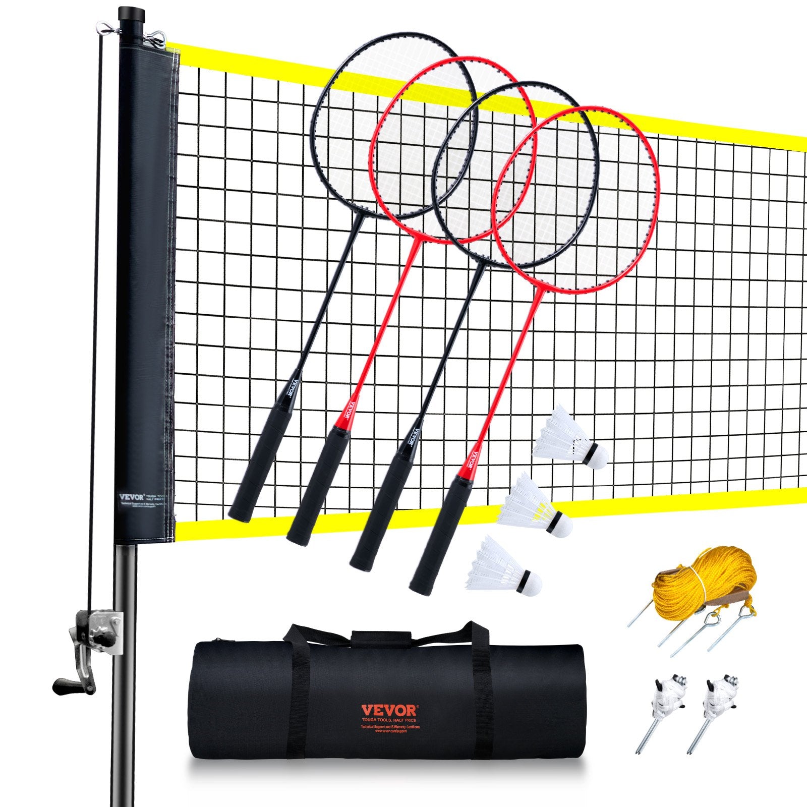 VEVOR Badminton Net Set, Outdoor Backyard Beach Park Badminton Net, Portable Badminton Equipment Set, Adults Kids Badminton Net with Poles, Carrying Bag, 4 Iron Rackets, and 3 Nylon Shuttlecocks