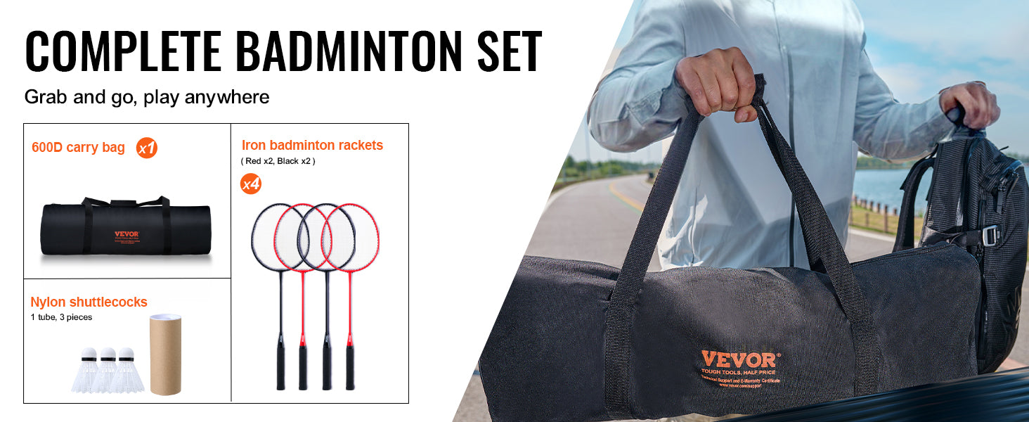 VEVOR Badminton Net Set, Outdoor Backyard Beach Park Badminton Net, Portable Badminton Equipment Set, Adults Kids Badminton Net with Poles, Carrying Bag, 4 Iron Rackets, and 3 Nylon Shuttlecocks