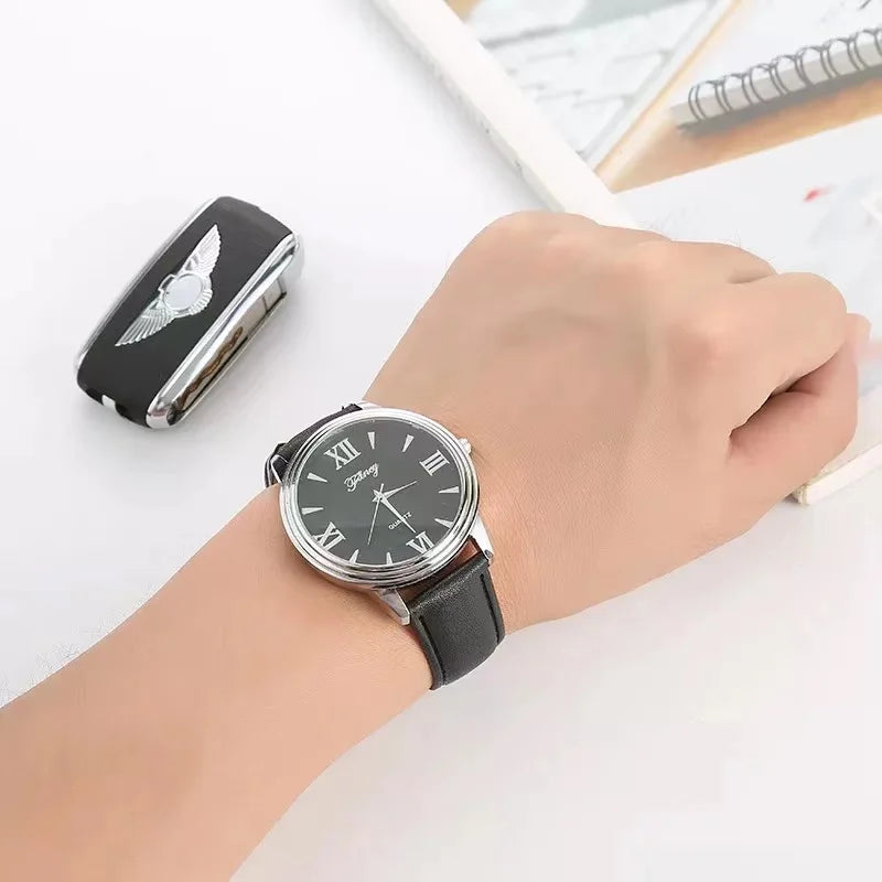 Men's Luxury Watch Gift Sets Fashion Men Quartz Watches Braided Leather Belt Keychain Cufflinks Signing Pen Male Father present