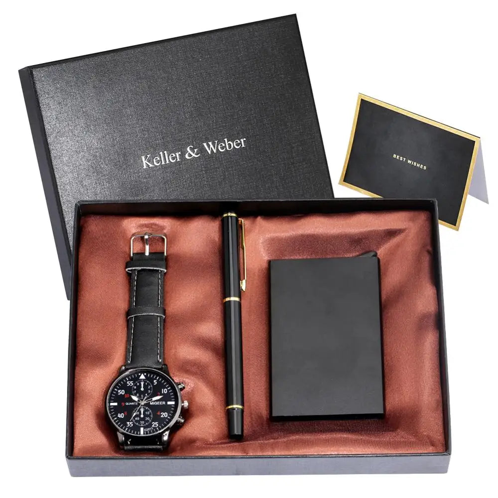 Men's Gift Sets Top Luxury Quartz Watches High Quality Signature Pen Fashion Male Card Case Gifts for Husband Dad Boyfriend