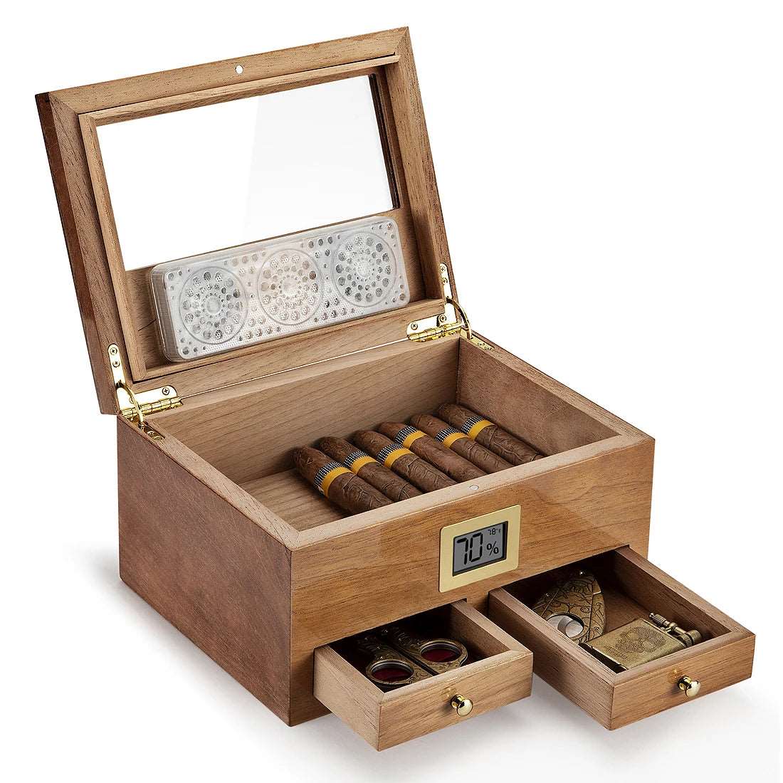 Cedar Wood Cigar Humidor W/Hygrometer Humidifier 2 Drawers Travel Cigarette Storage Box