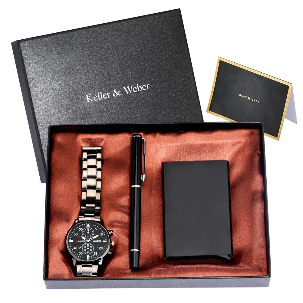 Men's Gift Sets Top Luxury Quartz Watches High Quality Signature Pen Fashion Male Card Case Gifts for Husband Dad Boyfriend