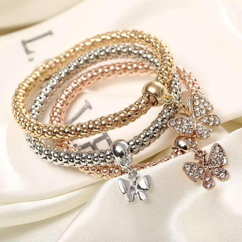 3Pcs/Set Owl Crystal Heart Bracelet, Female Rhinestone Valentine Gift