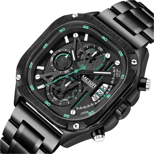 MEGIR Black Quartz Watch, Men Waterproof Square Dial