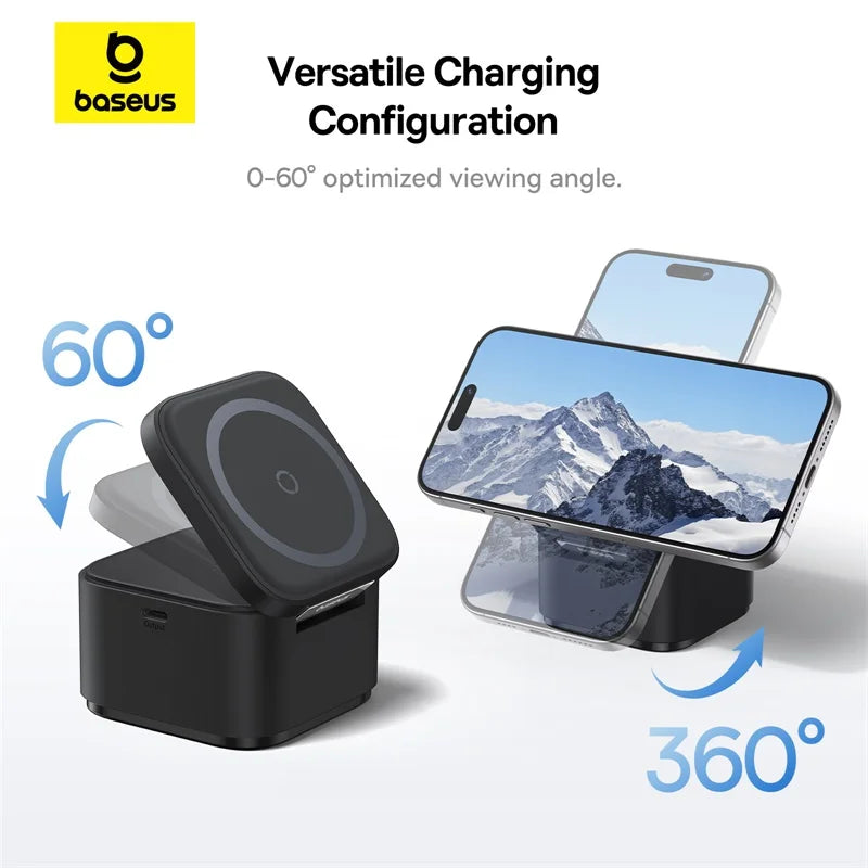Baseus 2 in 1 Magnetic Wireless Charger Stand 15W Fast Charging Dock Station With Retractable Cable For iPhone 15, 14 Airpod