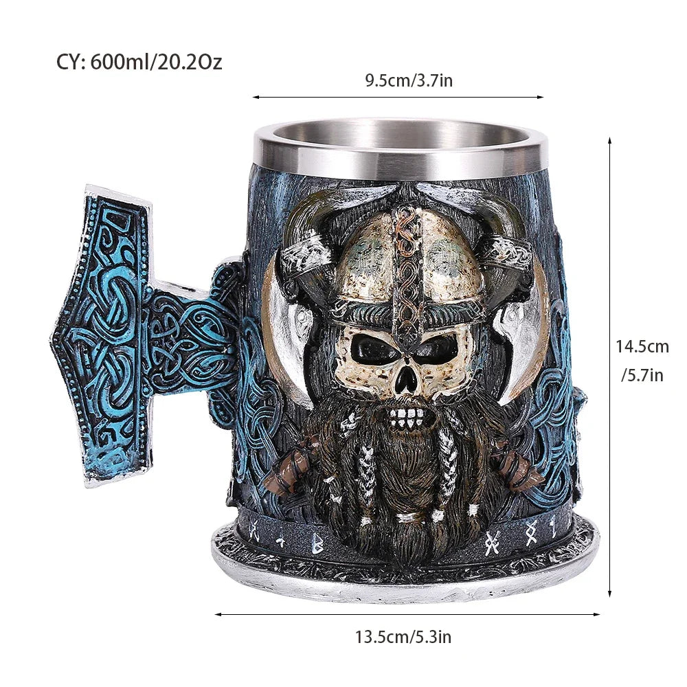 Viking Resin Stainless Steel Beer Mug Pirate Stein Creative Tankard Skull Coffee/ Tea Mug Tumbler Pub Bar Decor, Gift to Father, Husband