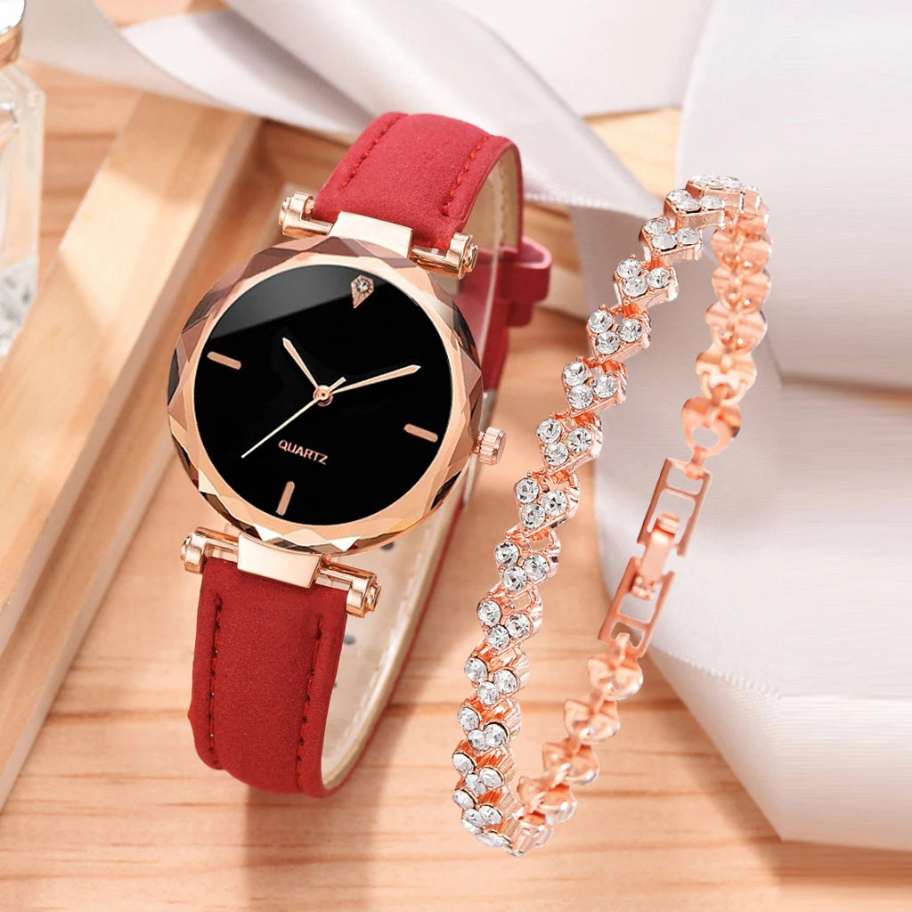 2pcs Luxury Fashion Women Watch Set PU Leather Strap Ladies Quartz Wristwatch Rhinestone RoseGold Alloy Bracelet for Ladies Gift